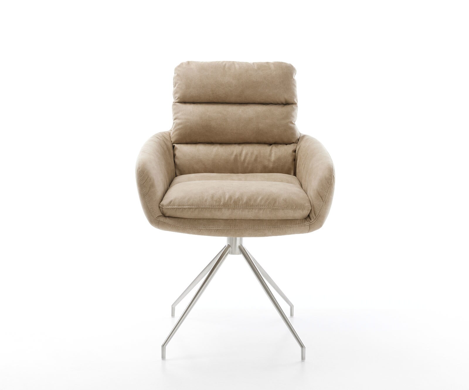Chaise-de-salle-à-manger Abelia-Flex avec accoudoirs microvelours beige vintage pied croisé conique acier inoxydable brossé 1