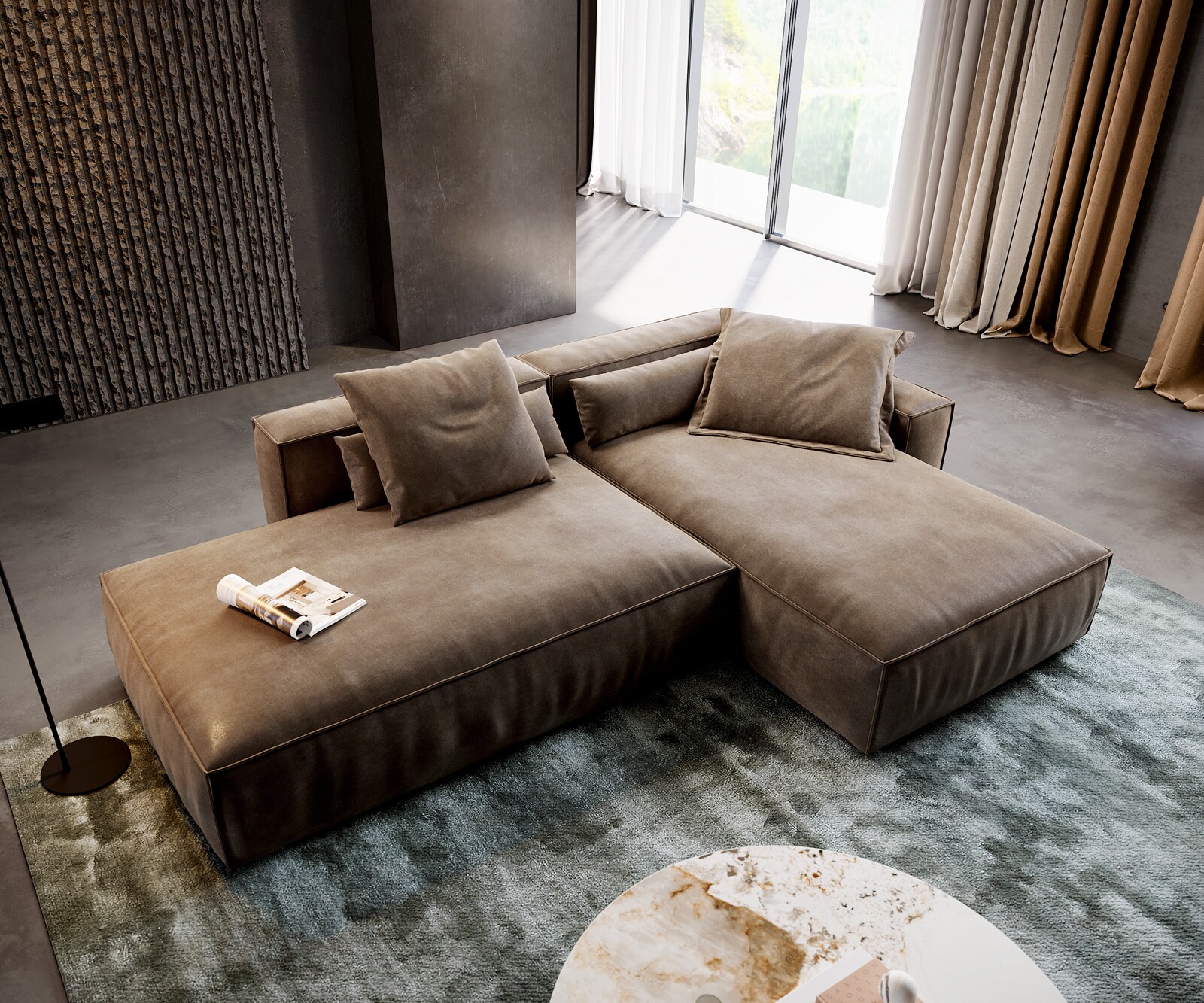 Canapé d'angle Freestyle 310x200 cm Tissu microfibre Taupe Vintage couture passepoilée 3