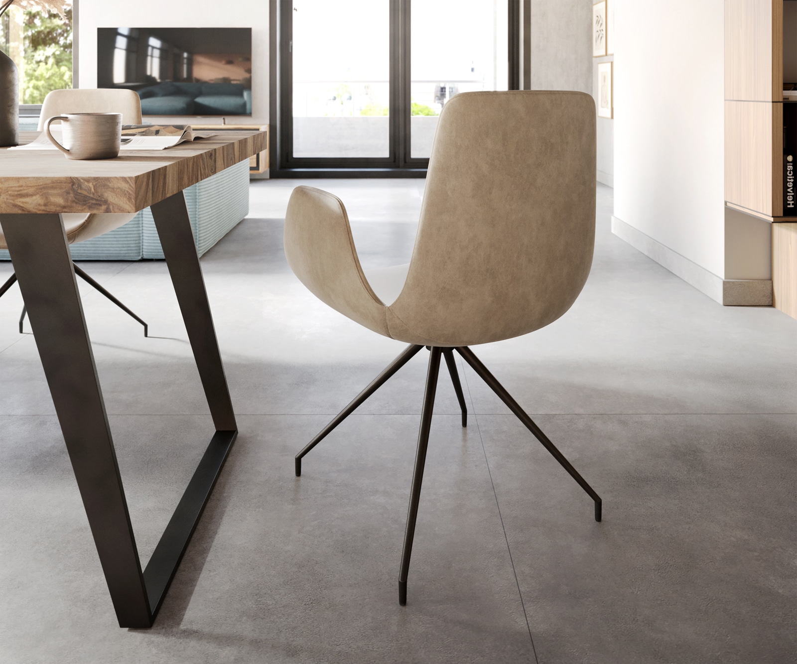 Chaise-de-salle-à-manger Ilia-Flex avec accoudoirs microvelours beige vintage pied croisé conique noir 4 Chaise-de-salle-à-manger Ilia-Flex avec accoudoirs microvelours beige vintage pied croisé conique noir 4