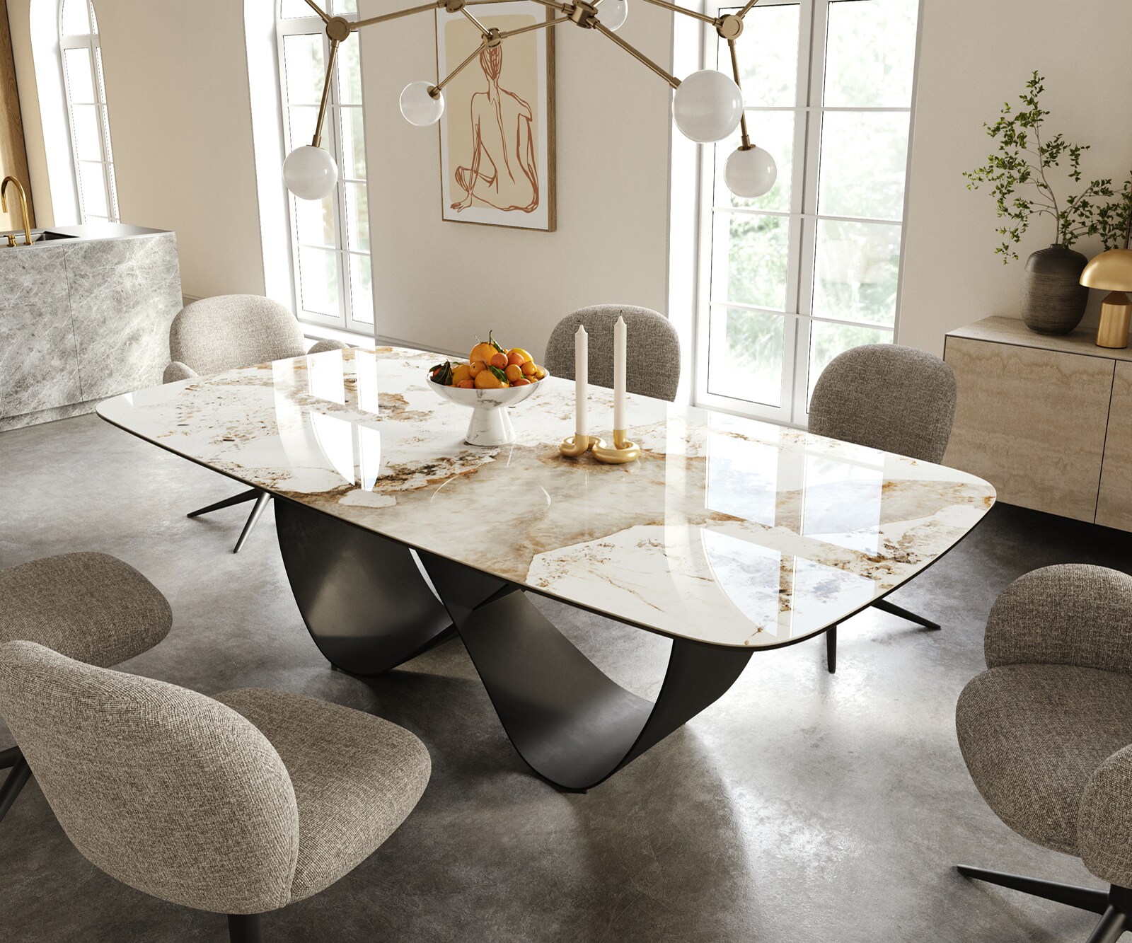 Table à manger Edge Boot 240x120 cm Céramique Minas Melange Blanc-Beige Infinity Métal Noir