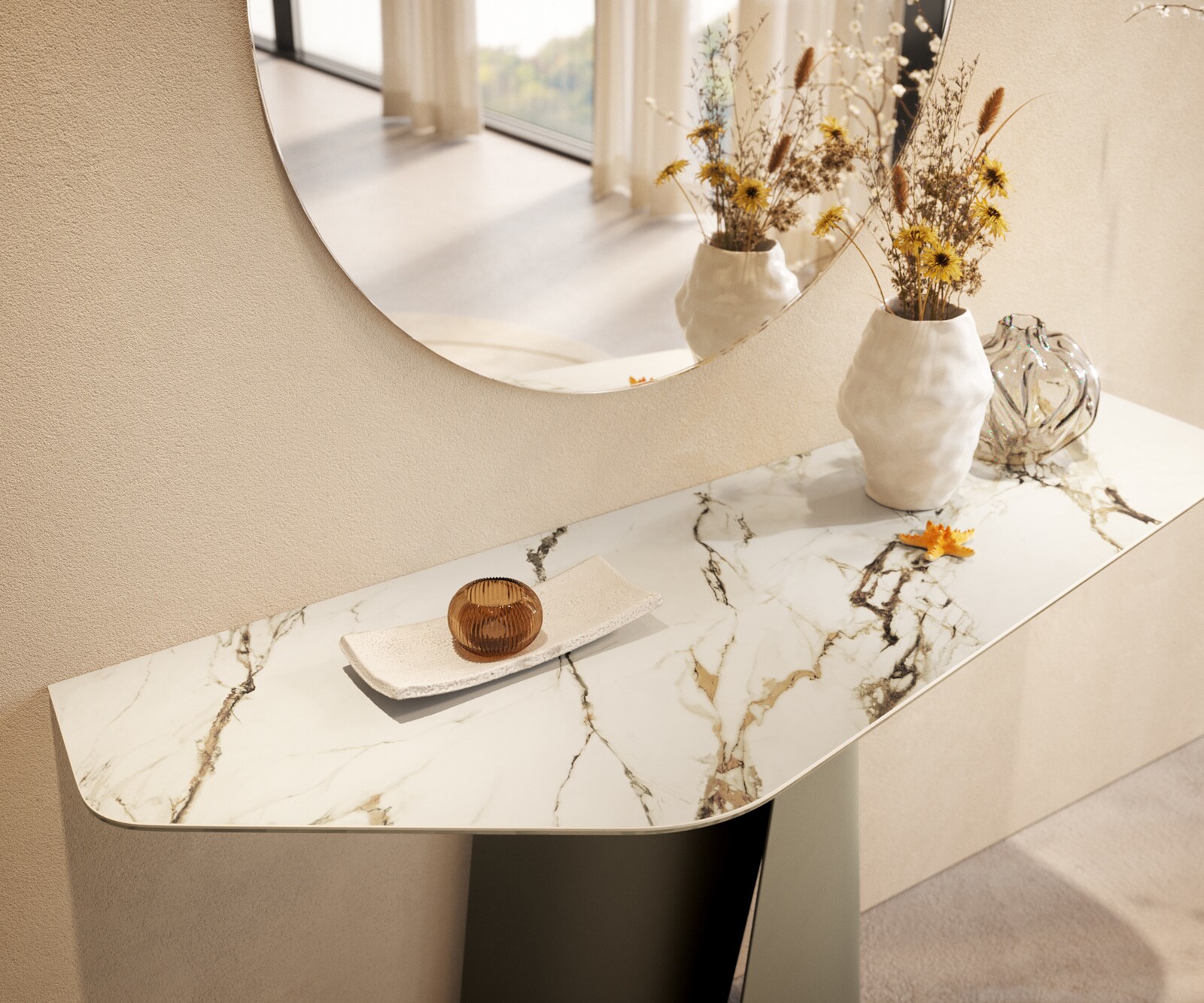 Console Edge Polygonal 140x50 cm Céramique Calacatta Luxe Weiß-Gold-Gris Livos Métal Effektfinish Titan 6