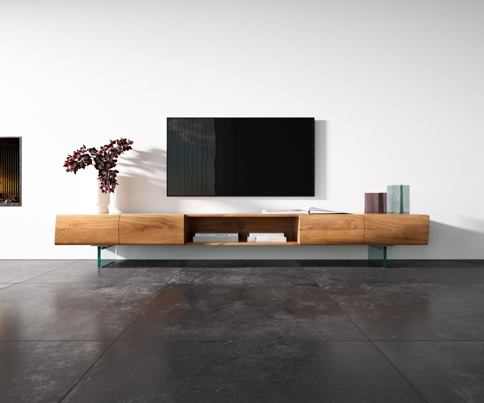 Meuble-TV New Live-Edge 240 cm acacia naturel 4 portes 1 compartiment pied en verre 3