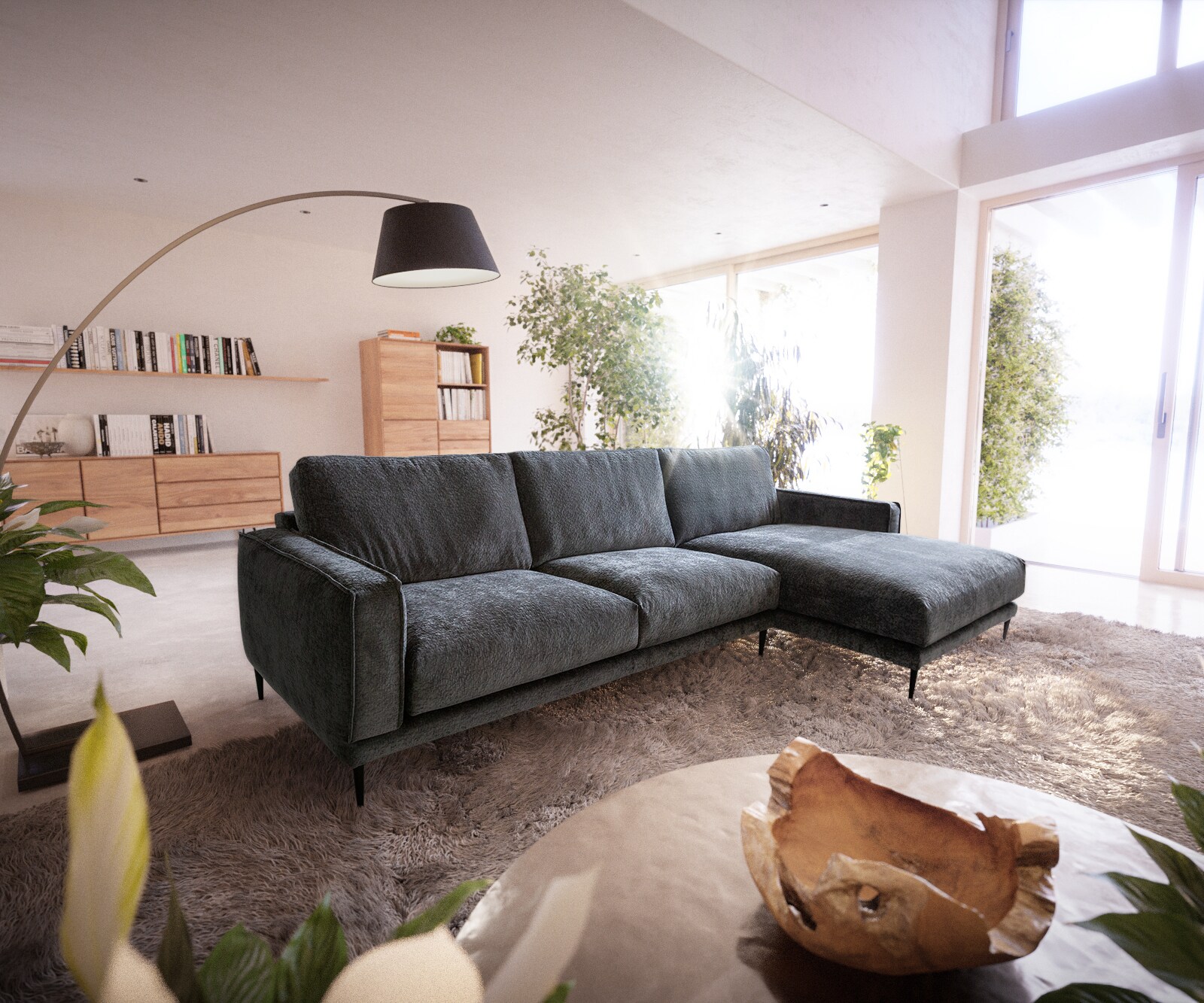 Canapé-d'angle Sottil 291x163 cm gris pouf droit