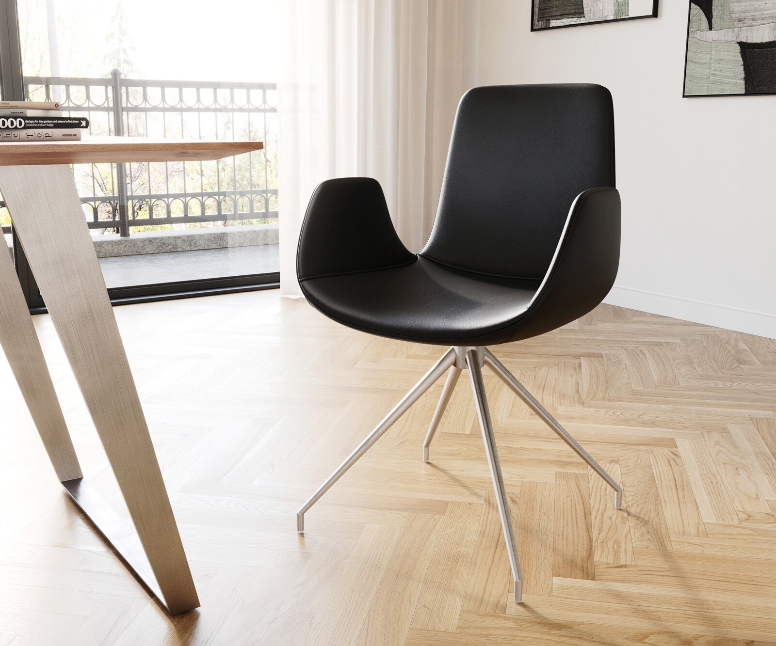 Chaise-de-salle-à-manger Ilia-Flex avec accoudoirs cuir de vache noir pied croisé conique acier inoxydable brossé