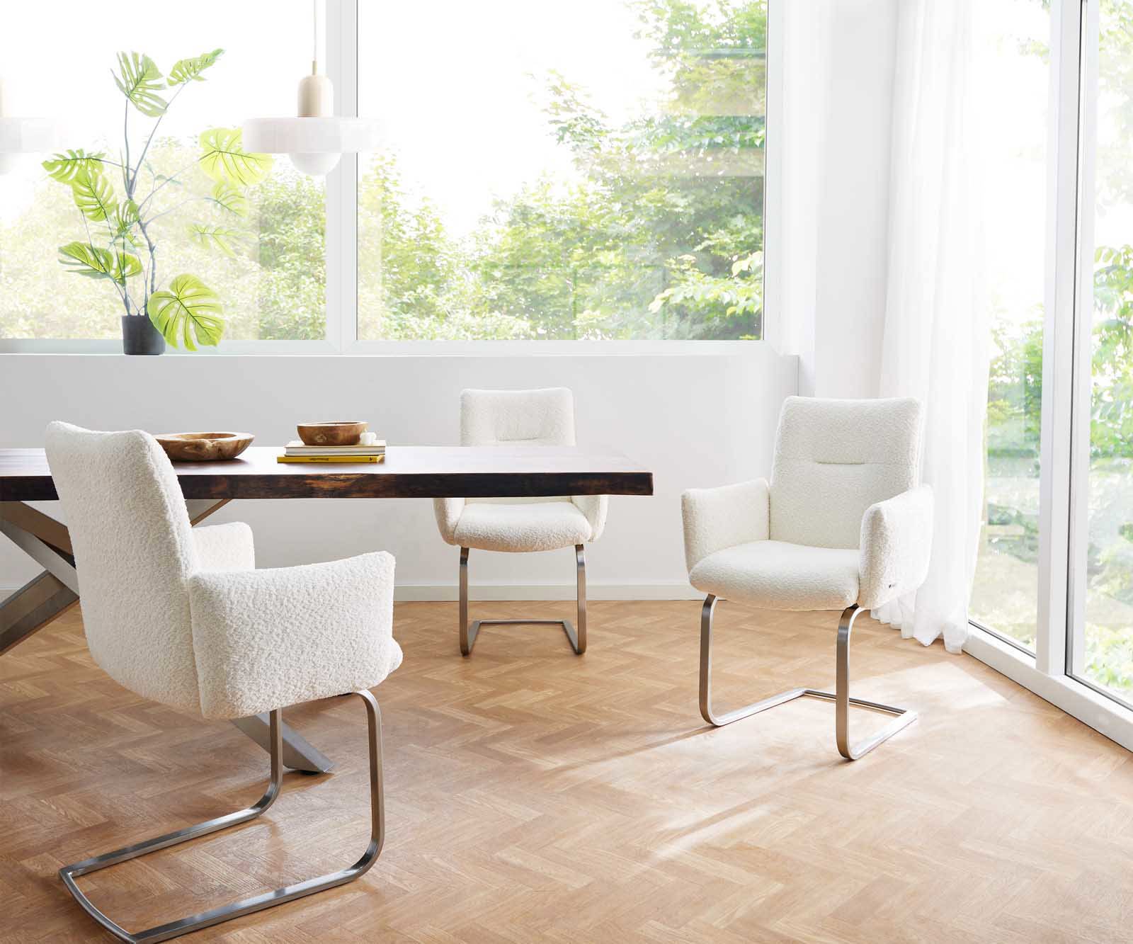 Cantilever Jova-Flex avec accoudoirs bouclé blanc pied cantilever rond acier inoxydable brossé ressorts ensachés 5 Cantilever Jova-Flex avec accoudoirs bouclé blanc pied cantilever rond acier inoxydable brossé ressorts ensachés 5