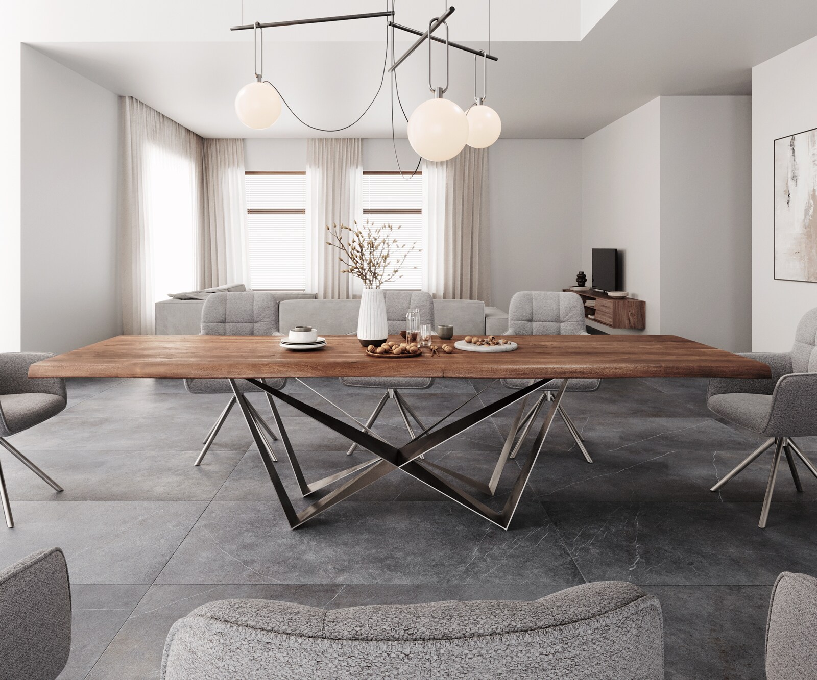 Table à manger Edge 300x100 XL acacia marron Spider acier plat acier inoxydable Live-Edge 2