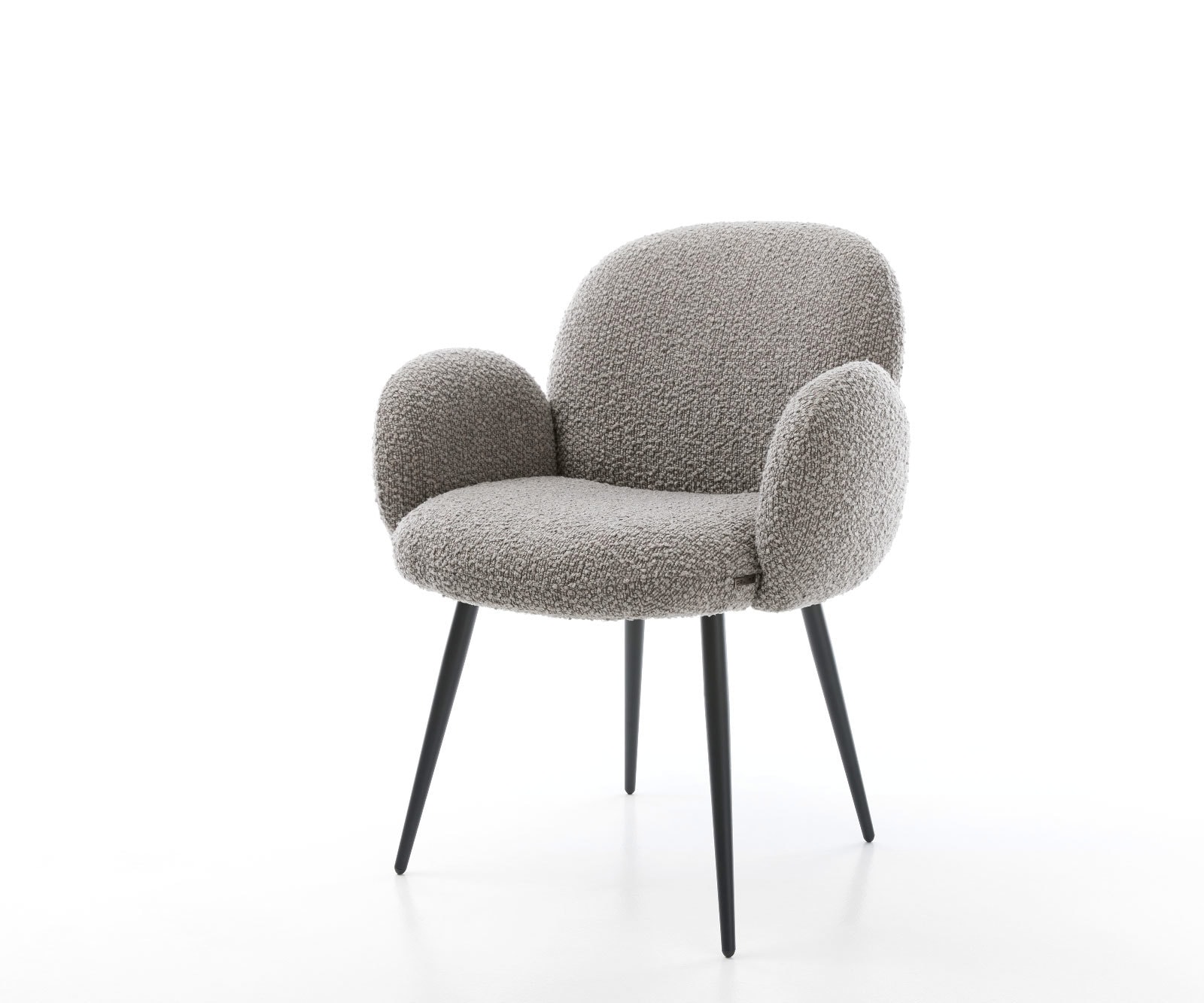 Chaise-de-salle-à-manger Nube-Flex avec accoudoirs bouclé gris argenté 4 pieds coniques noir ressorts ensachés Chaise-de-salle-à-manger Nube-Flex avec accoudoirs bouclé gris argenté 4 pieds coniques noir ressorts ensachés