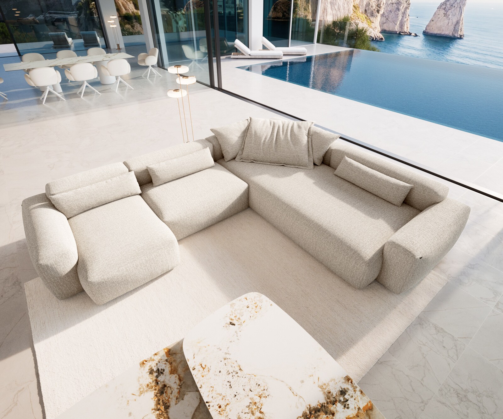 Canapé panoramique Freestyle 360x290 cm Tissu tissé doux Beige couture plate 3