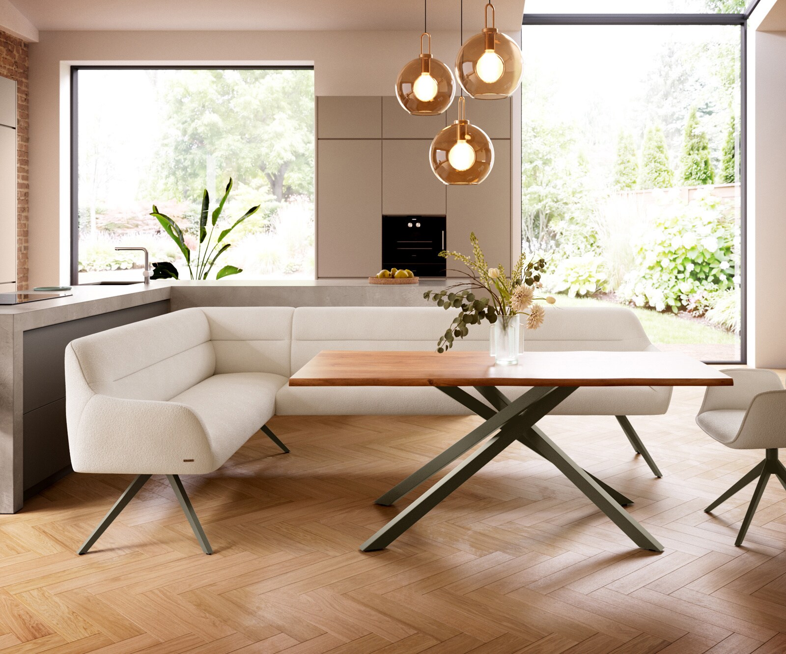 Banc-de-salle-à-manger Taya-Flex 285x190 cm bouclé crème-blanc pied croisé angulaire titane ressort ensaché liens 2