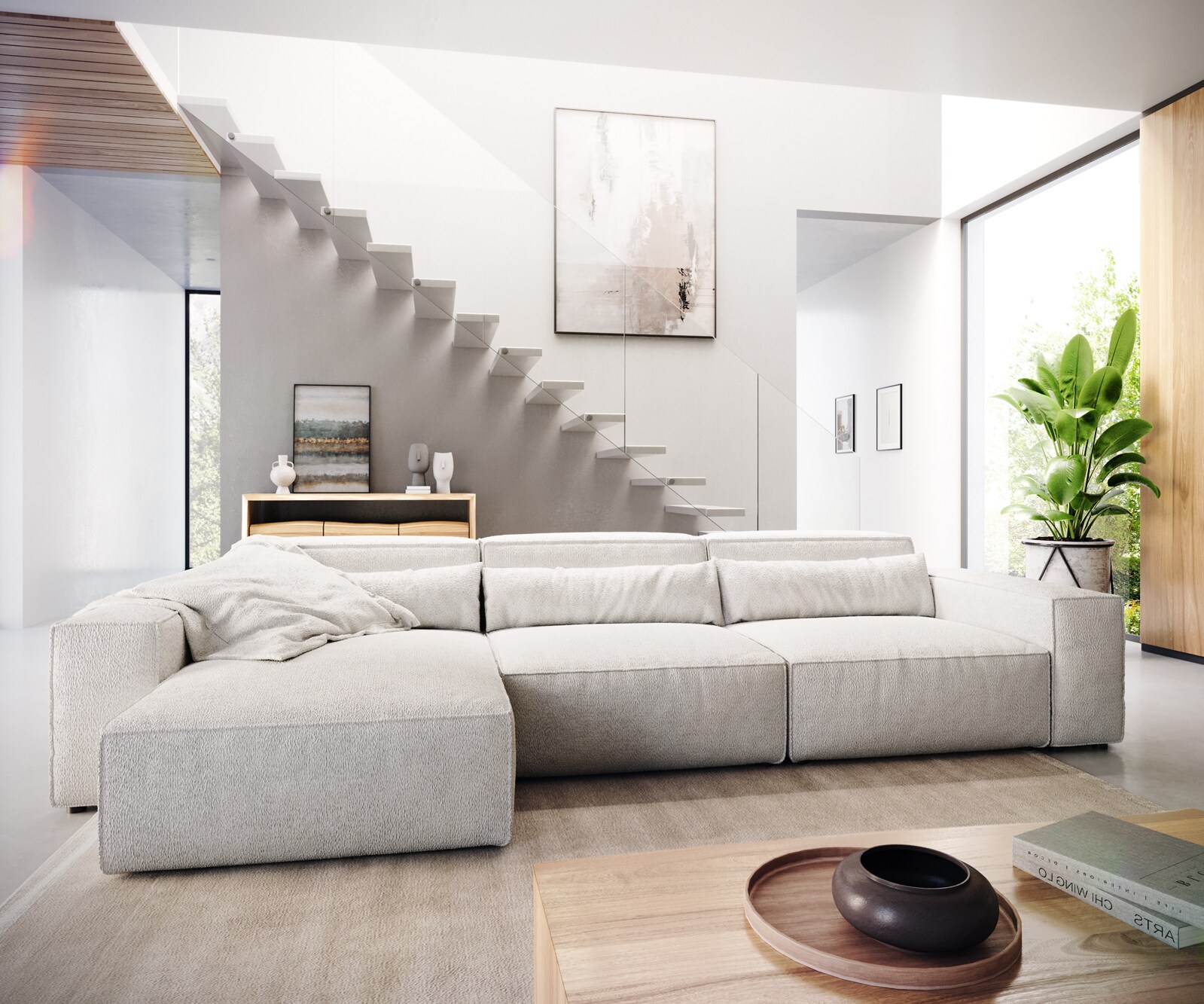 Canapé d'angle Sirpio L 350x160 cm Bouclee Crème-blanc Recamiere variable 2