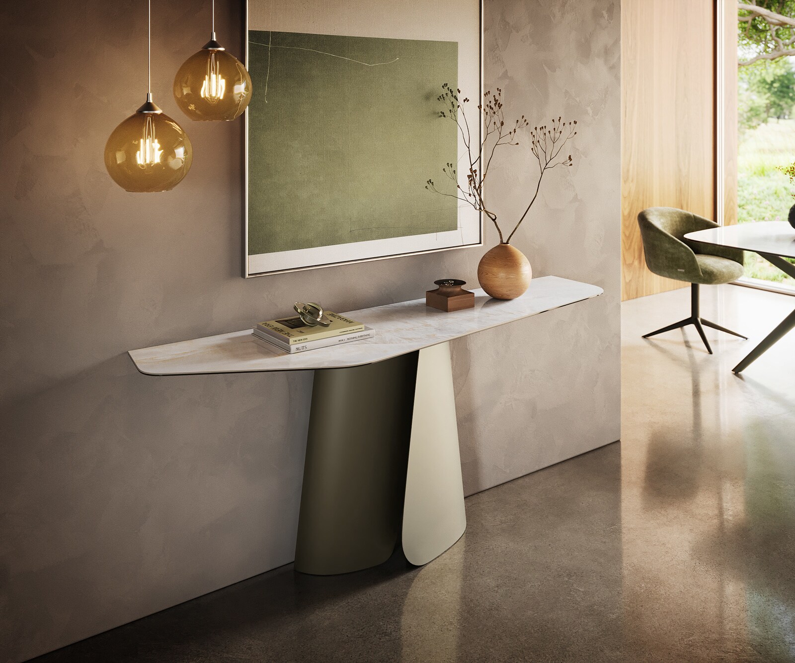 Console Edge Polygonal 180x50 cm Céramique Onyx Pearl Livos Métal Effektfinish Titan 1