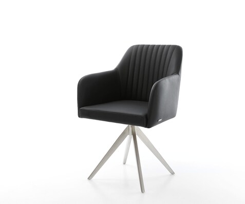 Chaise-de-salle-à-manger Greg-Flex cuir de vache noir pied croisé angulaire acier inoxydable brossé ressorts ensachés