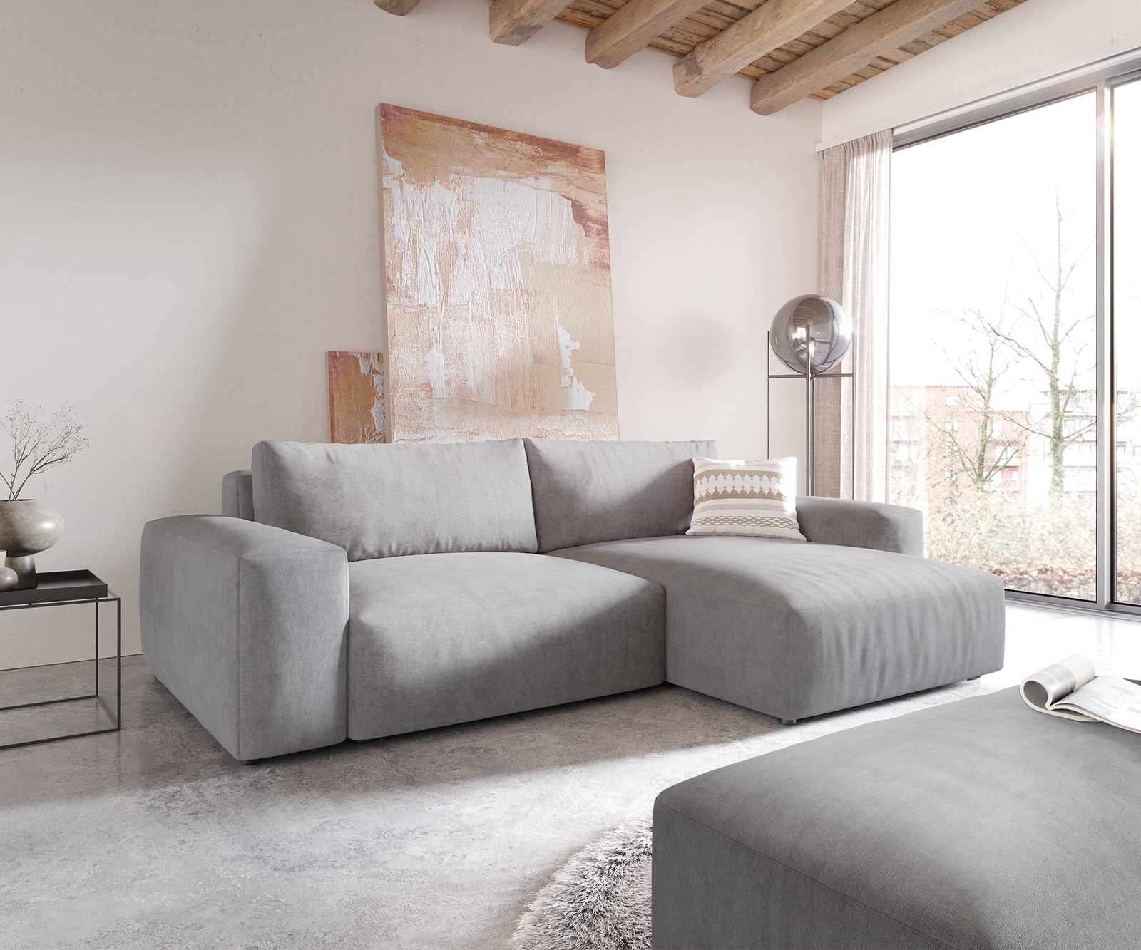 Canapé d'angle Lanzo XL 270x180 cm Microfibre Gris Recamière variable avec Tabouret Canapé d'angle Lanzo XL 270x180 cm Microfibre Gris Recamière variable avec Tabouret