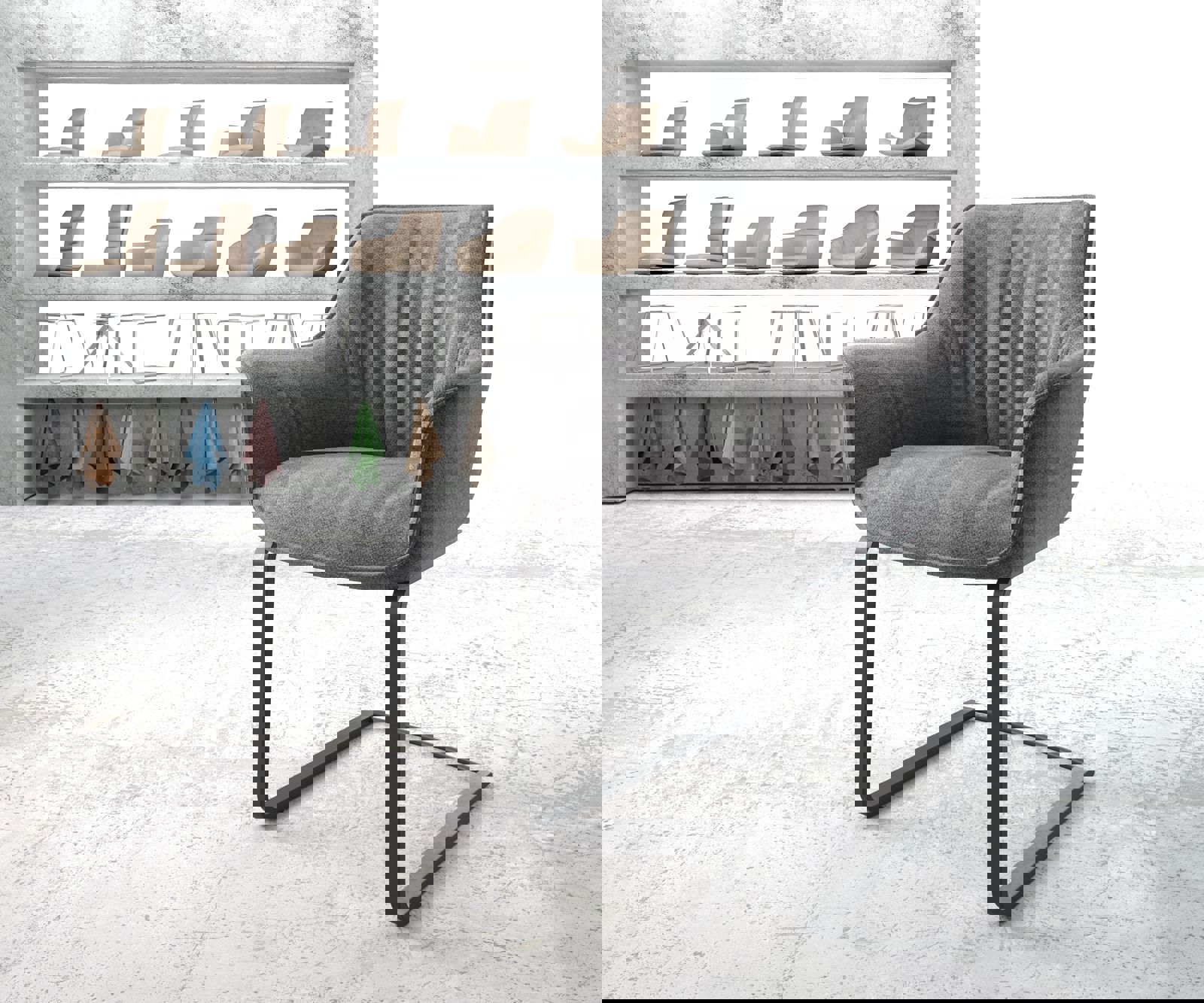 Cantilever Keila-Flex avec accoudoirs tissu texturé gris clair pied cantilever plat noir