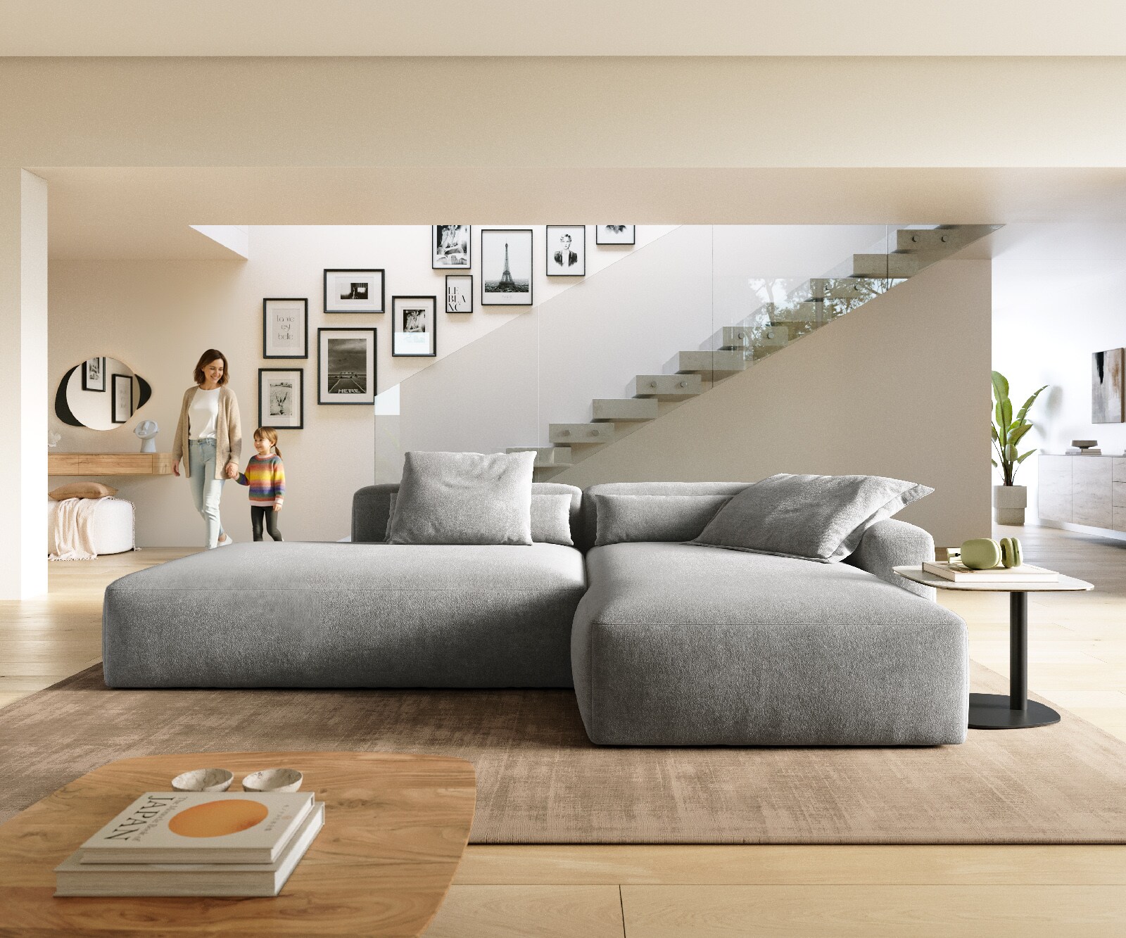 Canapé d'angle Freestyle 310x200 cm Tissu structuré doux Gris couture plate