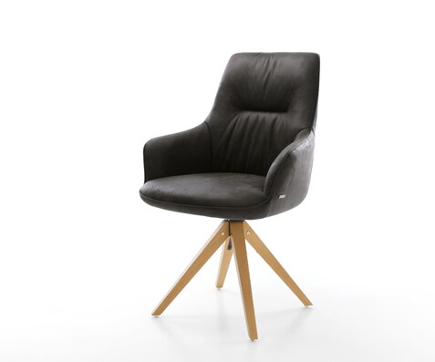 Chaise-pivotante Zelia-Flex avec accoudoirs microfibre antracite vintage pied en bois angulaire naturel pivotement sur 180° ressorts ensachés