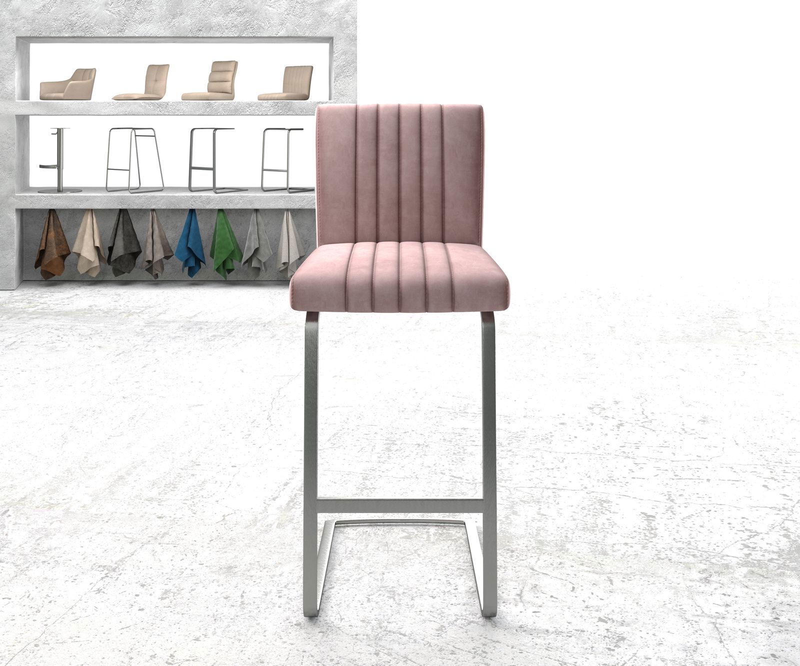 Chaise-de-bar Luiga-Flex velours rosé chaise cantilever acier plat inoxydable 1