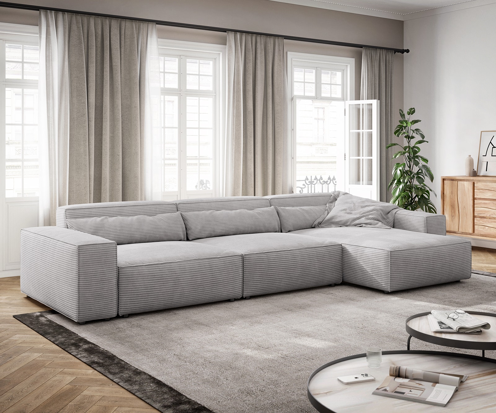 Canapé d'angle Sirpio XL 370x170 cm Velours côtelé Gris argenté Recamiere variable Canapé d'angle Sirpio XL 370x170 cm Velours côtelé Gris argenté Recamiere variable