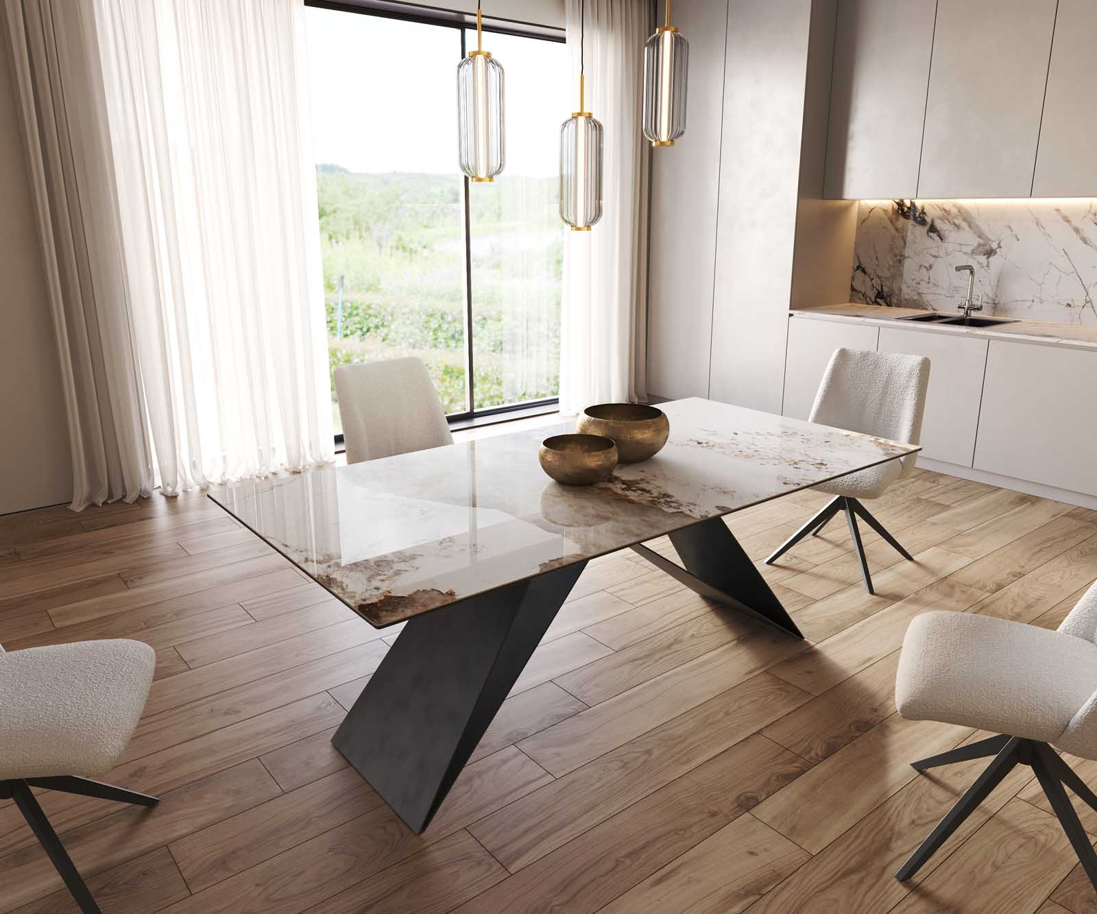 Table à manger Edge 200x100 céramique Minas mélange blanc-beige cadre en V acier plat noir Table à manger Edge 200x100 céramique Minas mélange blanc-beige cadre en V acier plat noir