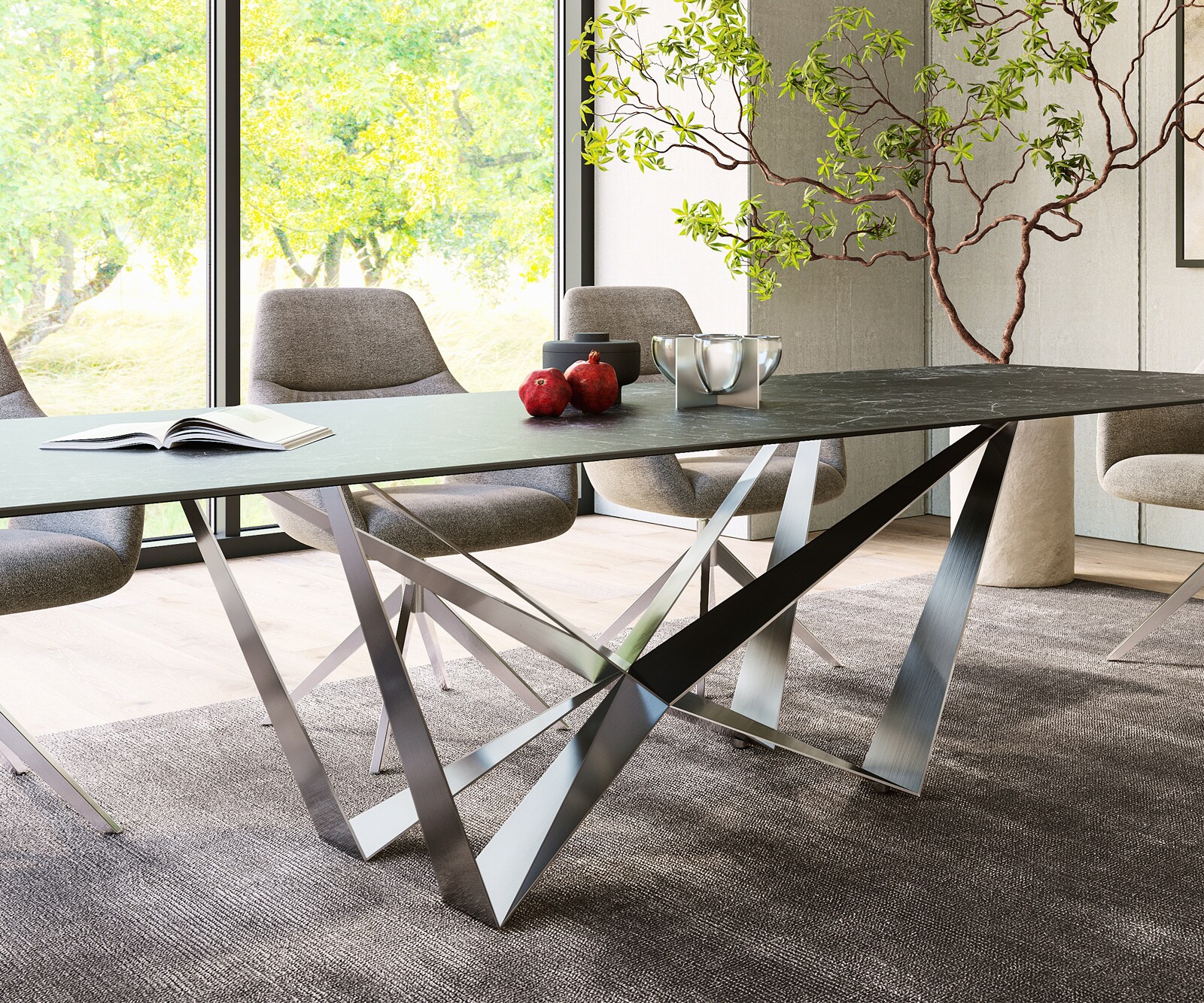 Table-à-manger Edge 300x100cm Laminam® céramique gris pieds milieu acier plat argent 6