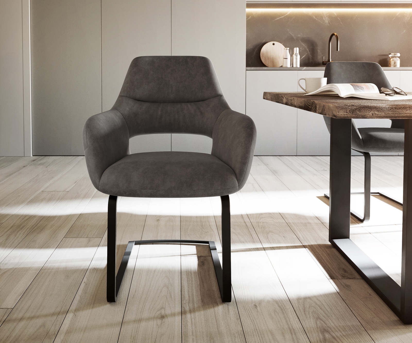 Cantilever Yago-Flex avec accoudoirs microvelours anthracite vintage pied cantilever plat noir ressorts ensachés 1 Cantilever Yago-Flex avec accoudoirs microvelours anthracite vintage pied cantilever plat noir ressorts ensachés 1