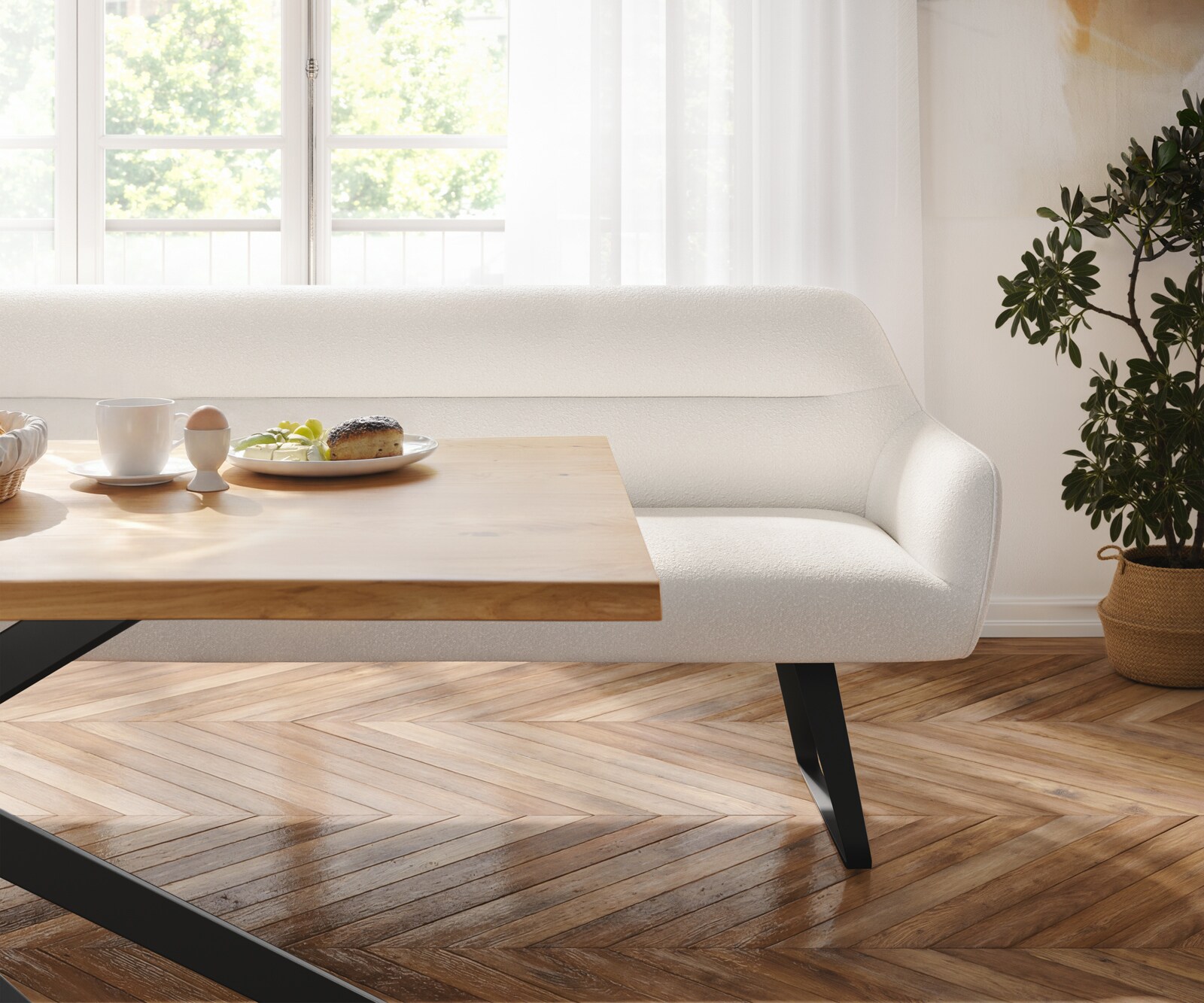 Banc-de-salle-à-manger Taya-Flex 200 cm bouclé crème-blanc châssis à patins plat noir ressort ensaché 4