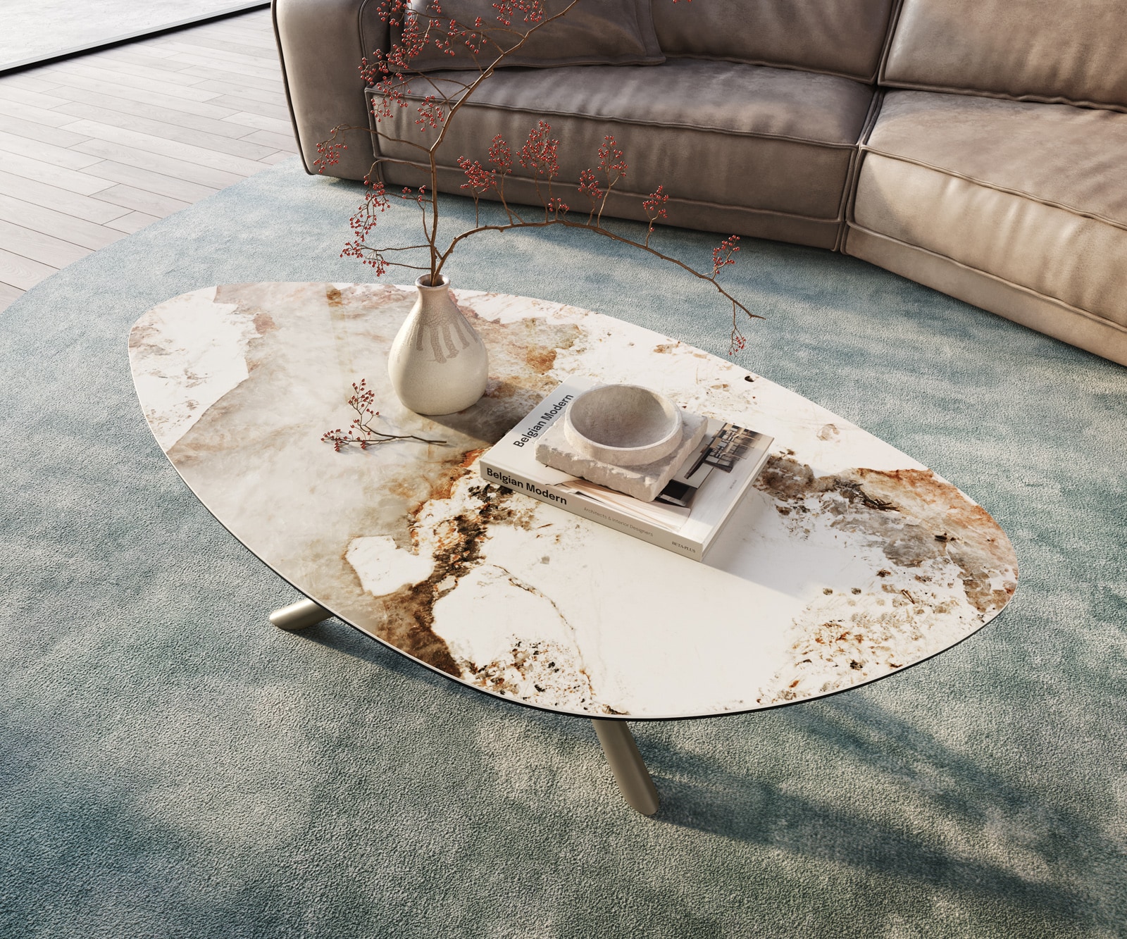 Table basse Edge Organique 140x76 cm céramique Minas Melange Sarity Metall finition effet titane 4