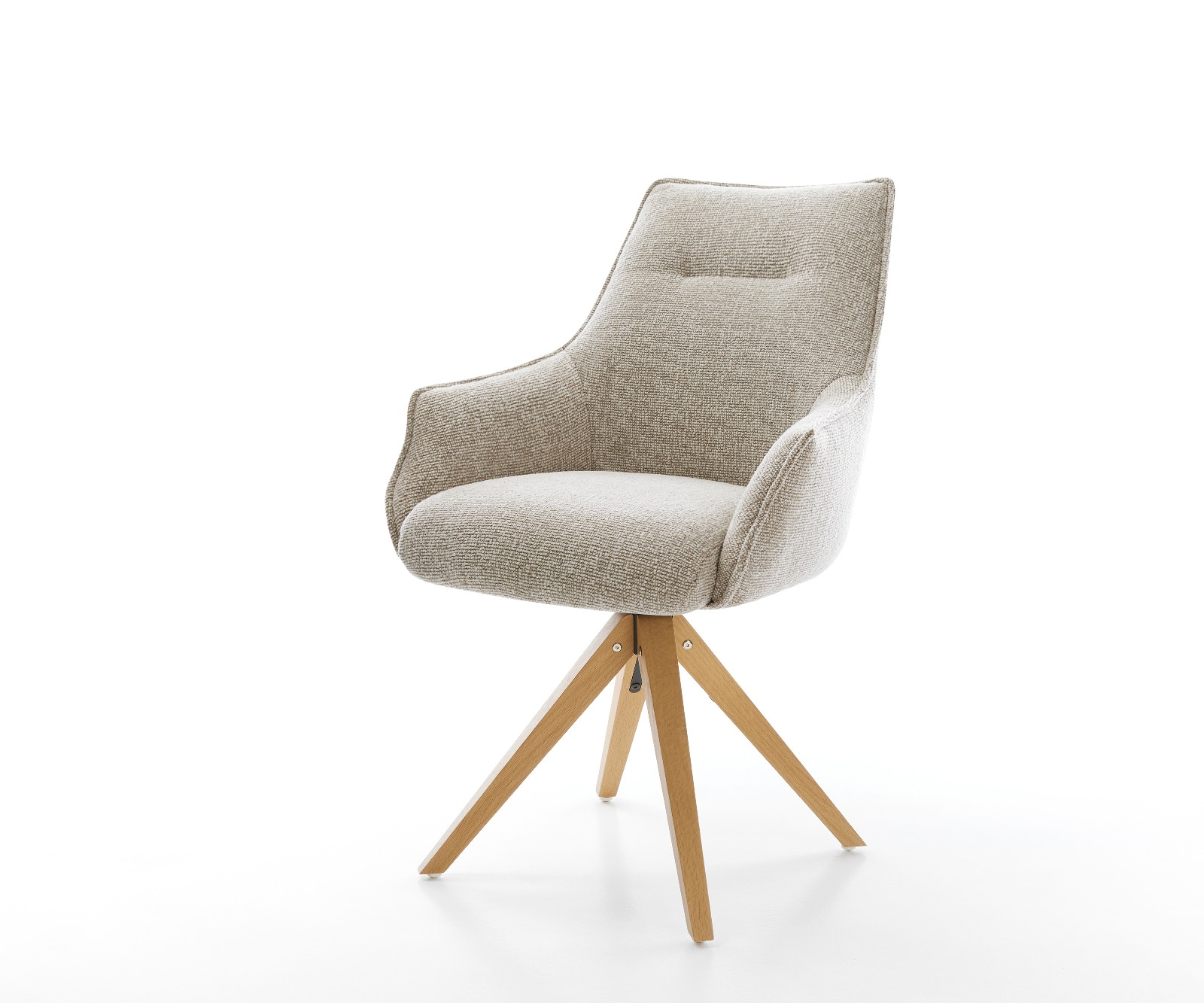 Chaise-pivotante Alja-Flex avec accoudoirs tissu tissé doux beige pied en bois angulaire naturel pivotement sur 180° resorts ensachés