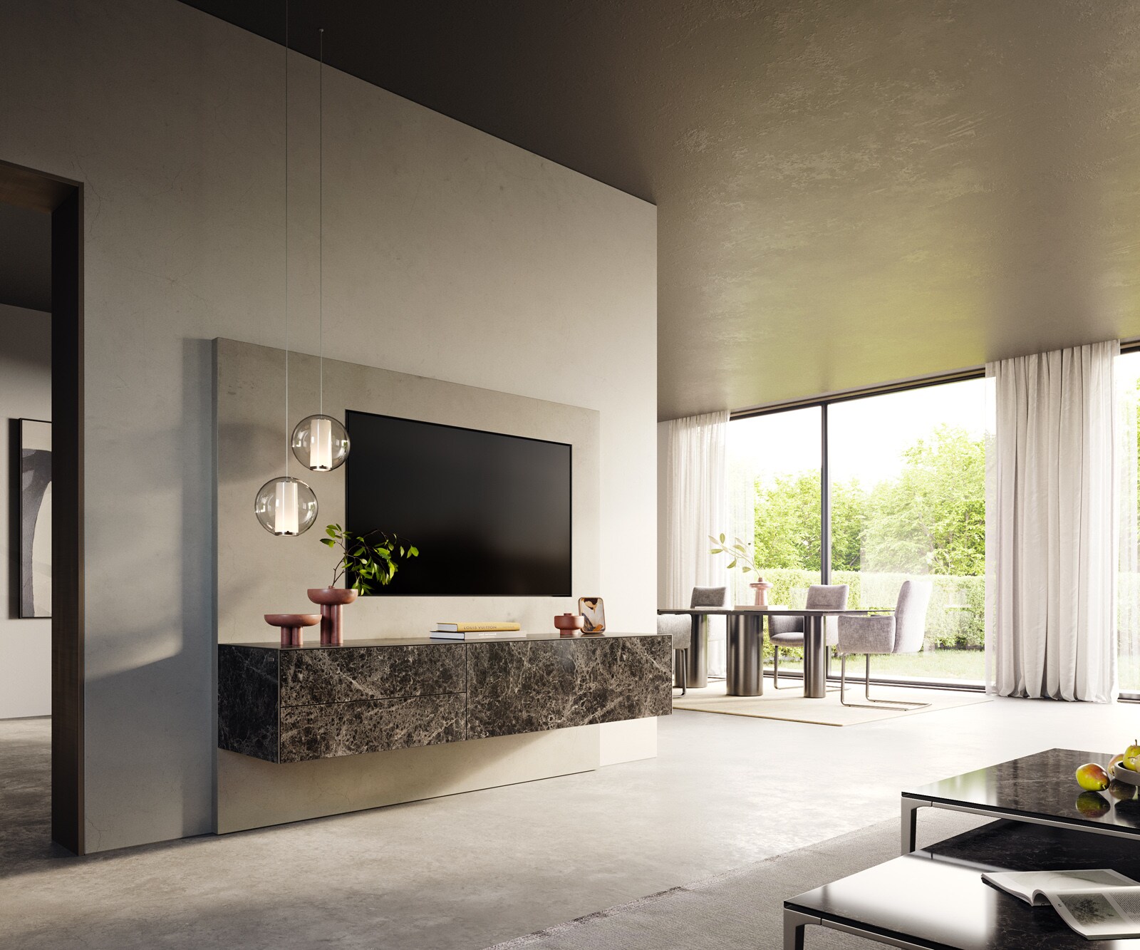 Meuble-TV Cuor 180 cm Céramique Emperador Extra Lucidato brun foncé 1 Clapet 2 Tiroirs Flottant 7