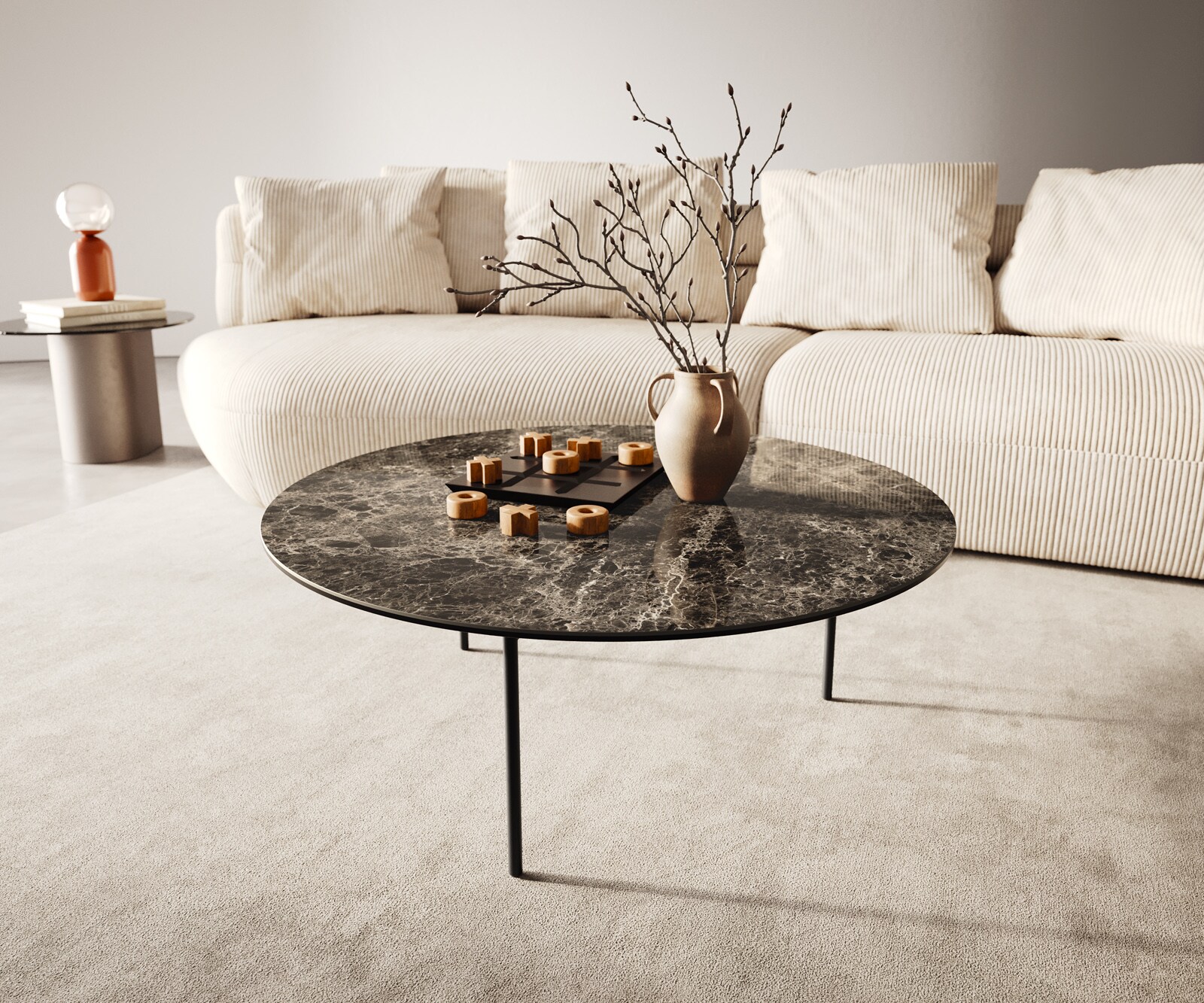 Table basse Edge rond 90x90 cm céramique Laminam® Emperador Extra Lucidato brun foncé Trive métal noir 1