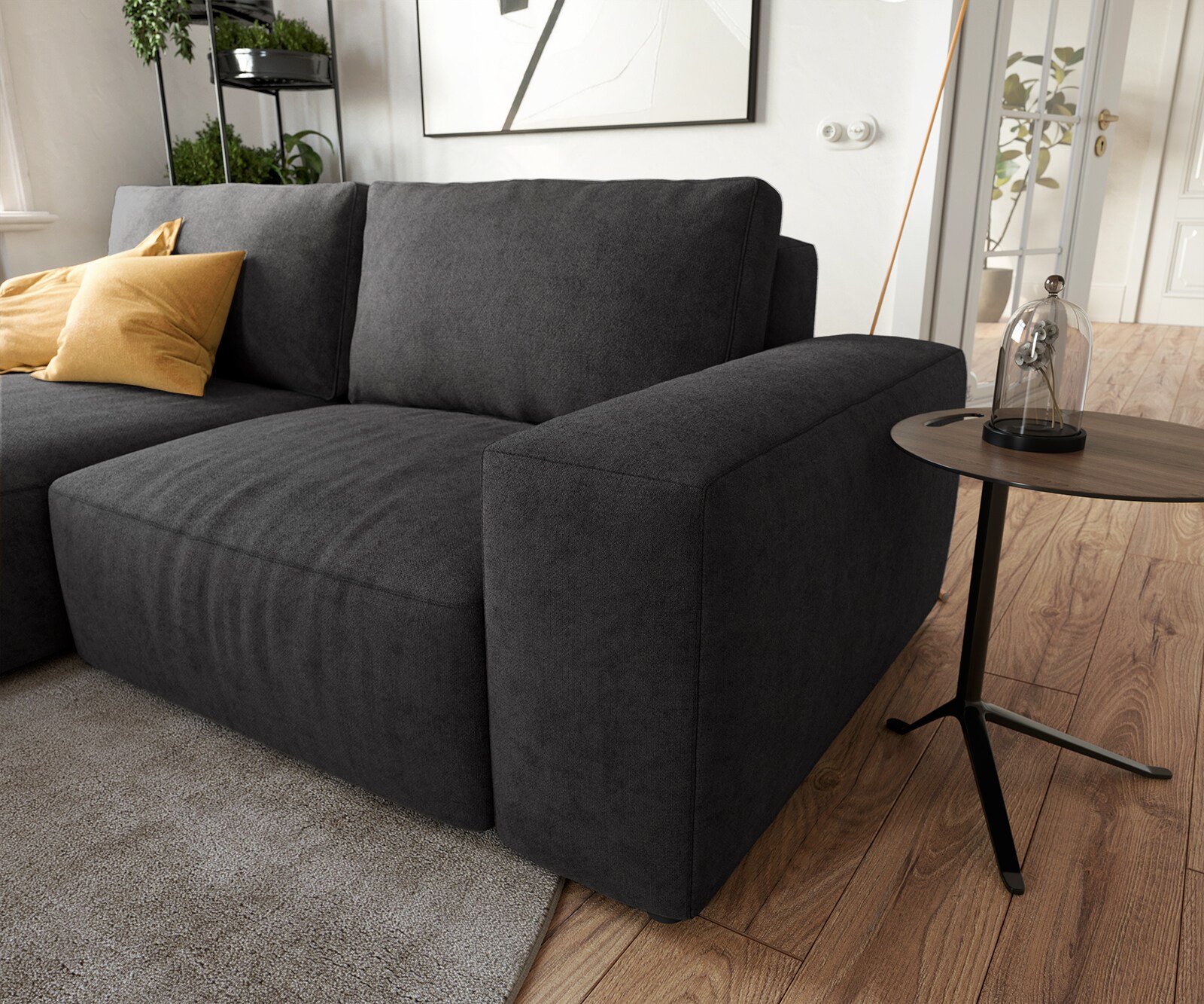 Canapé d’angle Lanzo 230x155 cm microfibre noir méridienne réversible avec pouf 4