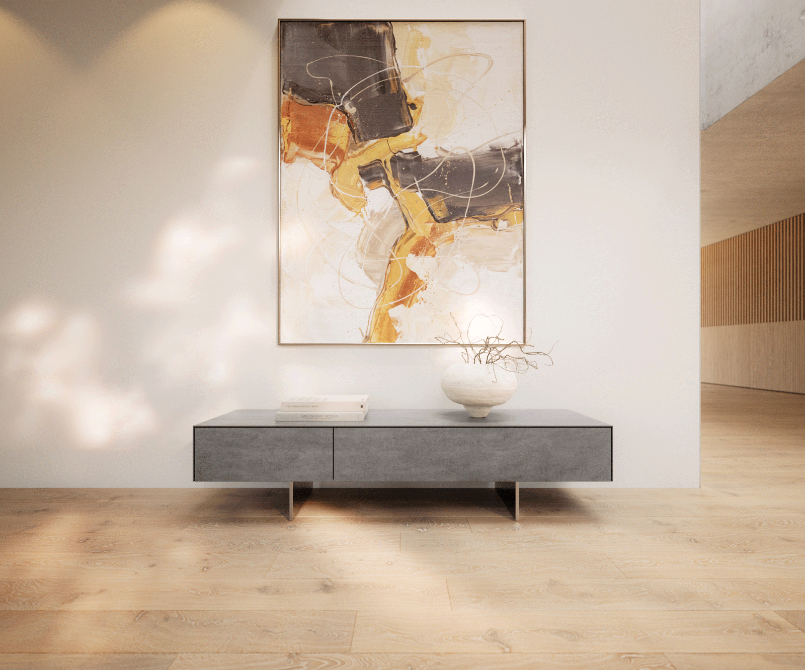 Meuble-TV Cuor 150 cm Céramique Béton gris 1 Clapet 1 Tiroir Pied optique flottant Ancier inoxydable 1