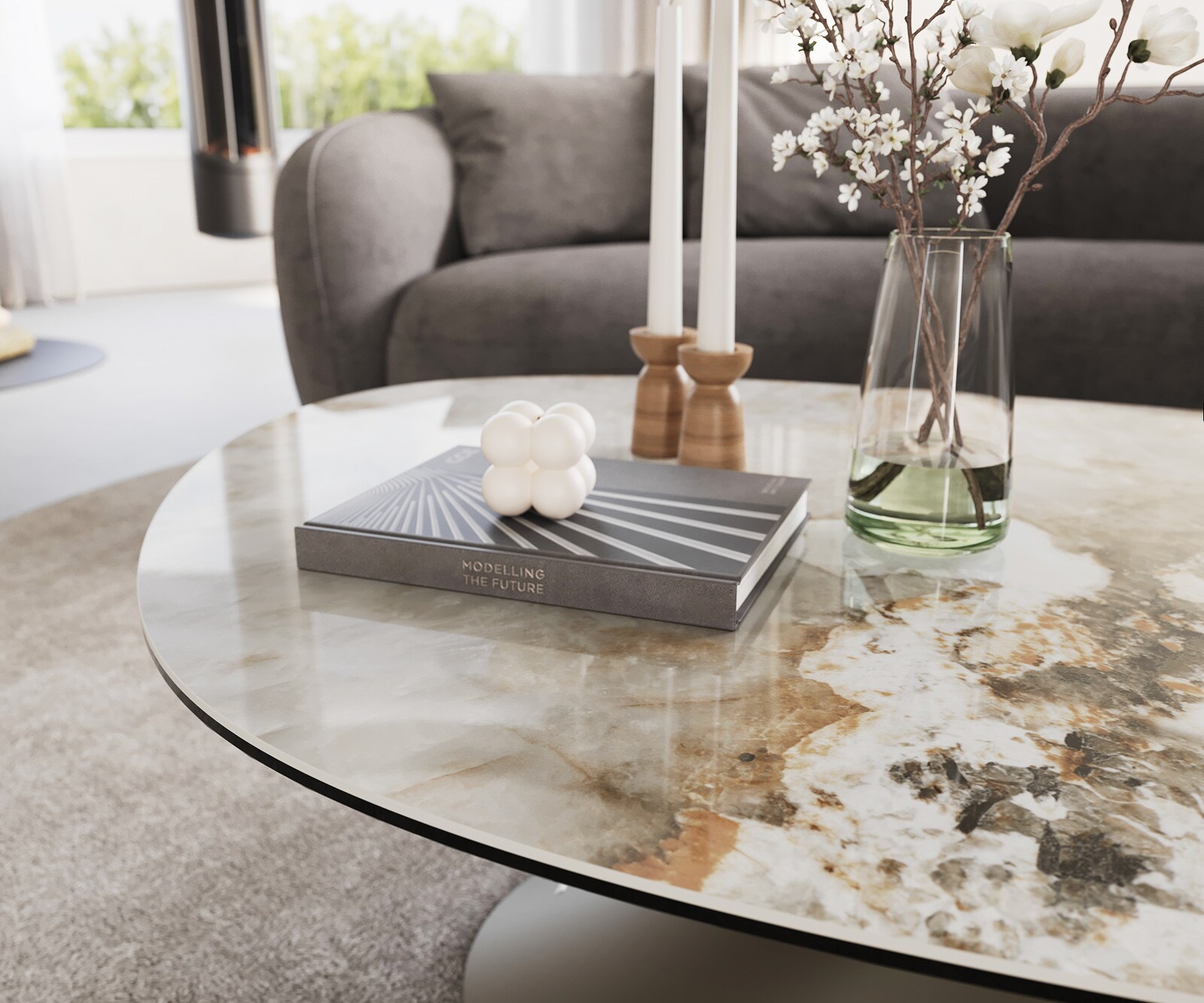 Table basse Edge Oval 140x75 cm céramique Minas Melange Conis Metall finition effet titane 6