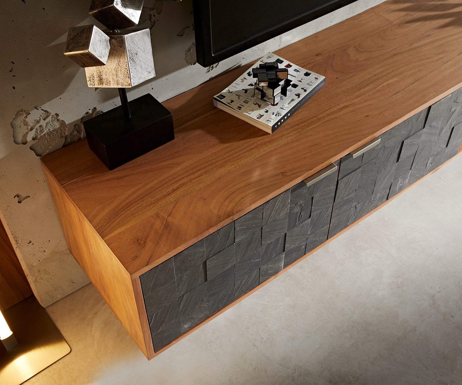 Meuble-TV Teele 160 cm acacia naturel ardoise 2 portes suspendues 3 Meuble-TV Teele 160 cm acacia naturel ardoise 2 portes suspendues 3