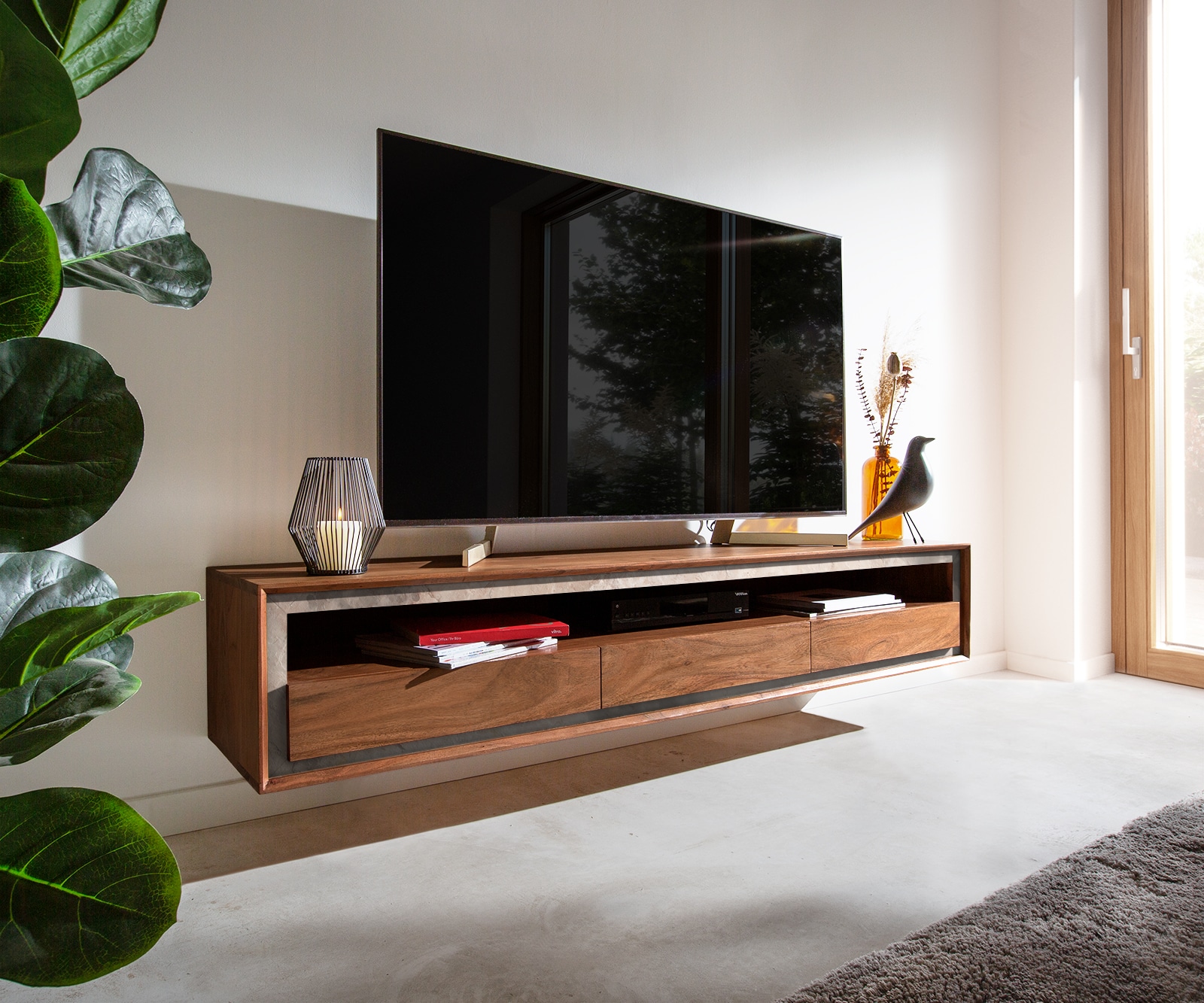 Meuble-TV Stonegrace 175 cm acacia marron placage pierre 3 tiroirs 1 compartiment suspendu Meuble-TV Stonegrace 175 cm acacia marron placage pierre 3 tiroirs 1 compartiment suspendu