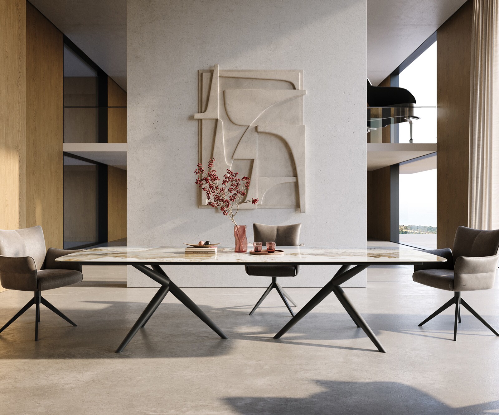 Table à manger Edge Boot 300x120 cm Céramique Minas Melange Blanc-Beige Estelar rond Métal Noir 2