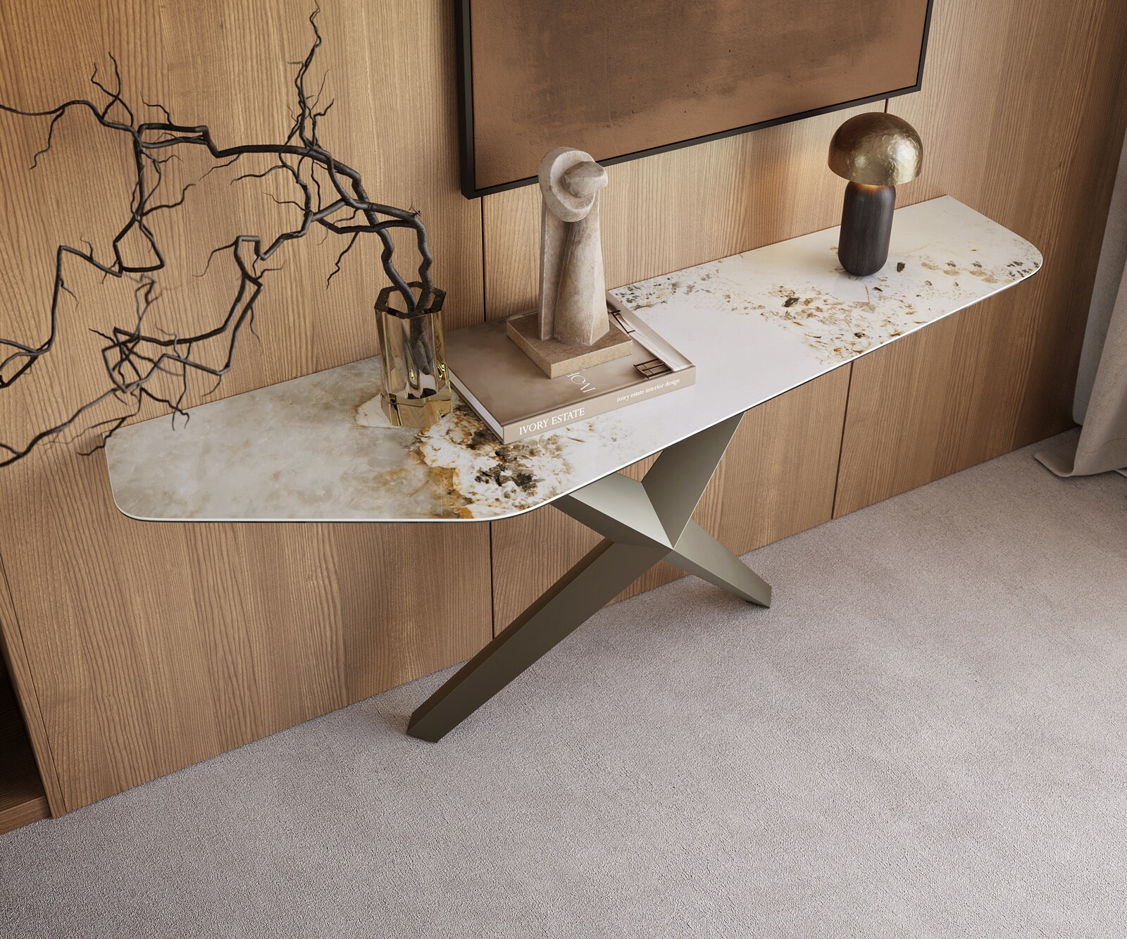 Console Edge Polygonal 180x50 cm Céramique Minas Melange Weiß-Beige Zentharo Métal Effektfinish Titan 2