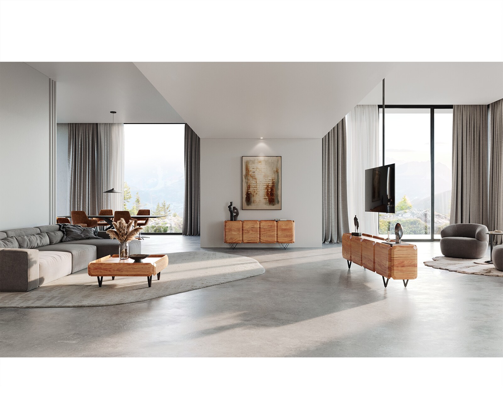Meuble-bas Kiano 220 cm Acacia Nature 4 Portes Pied en V Acier inoxydable Séparateur de pièce 6