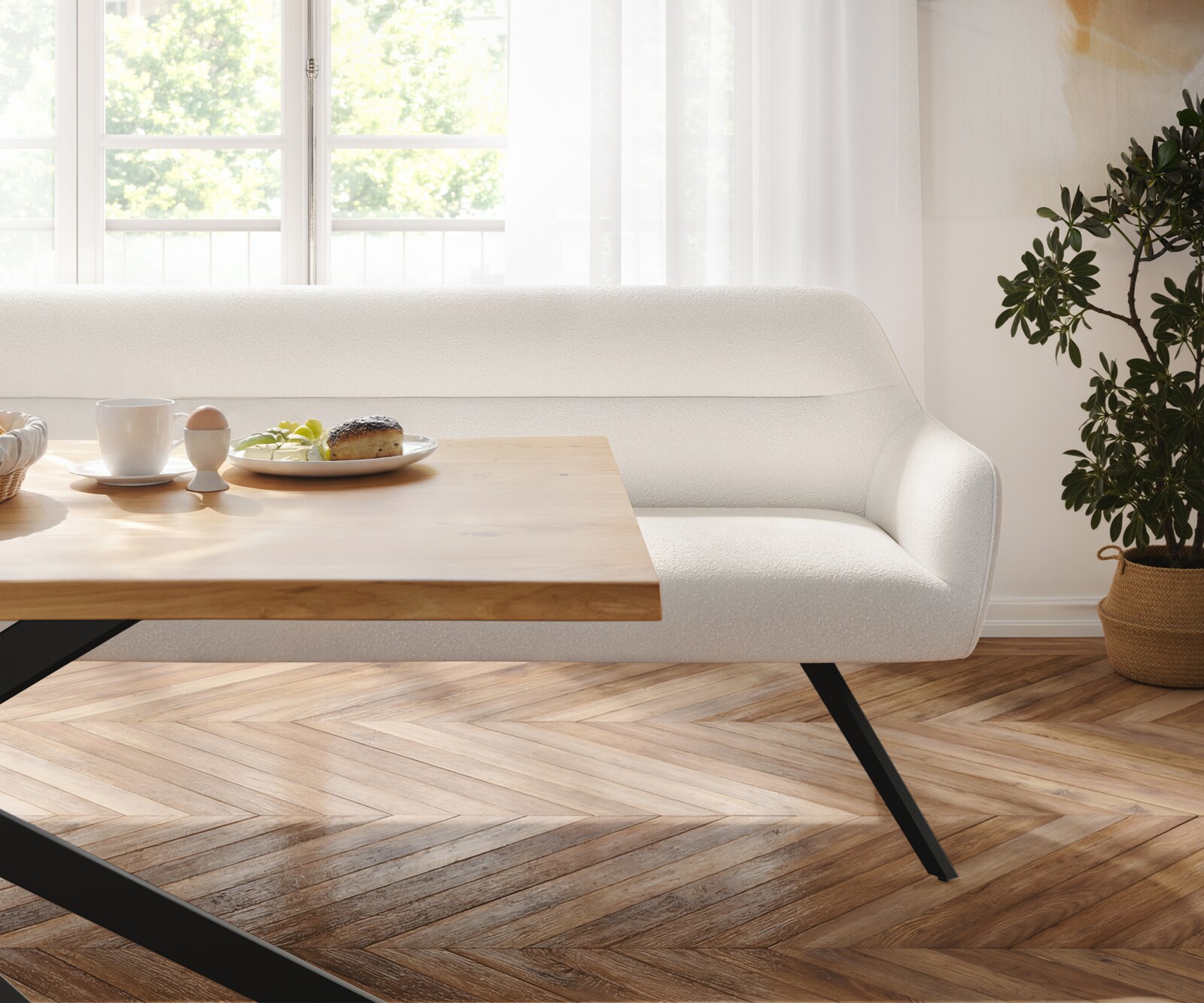 Banc-de-salle-à-manger Taya-Flex 200 cm bouclé crème-blanc pied croisé angulaire noir ressort ensaché 4