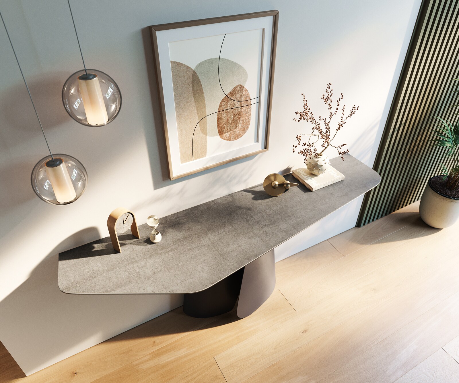 Console Edge Polygonal 180x50 cm Céramique Gris béton Livos Métal Noir 2