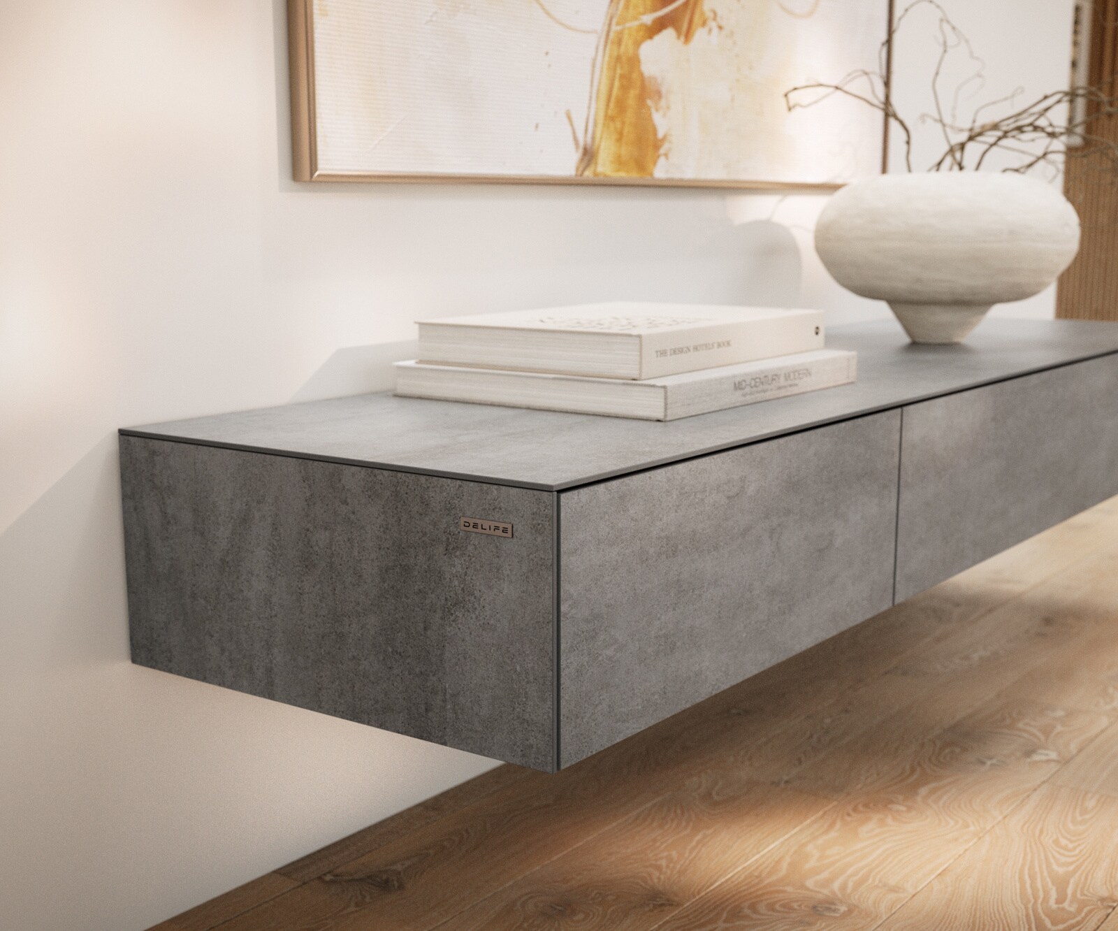 Meuble-TV Cuor 150 cm Céramique Béton gris 1 Clapet 1 Tiroir Flottant 6