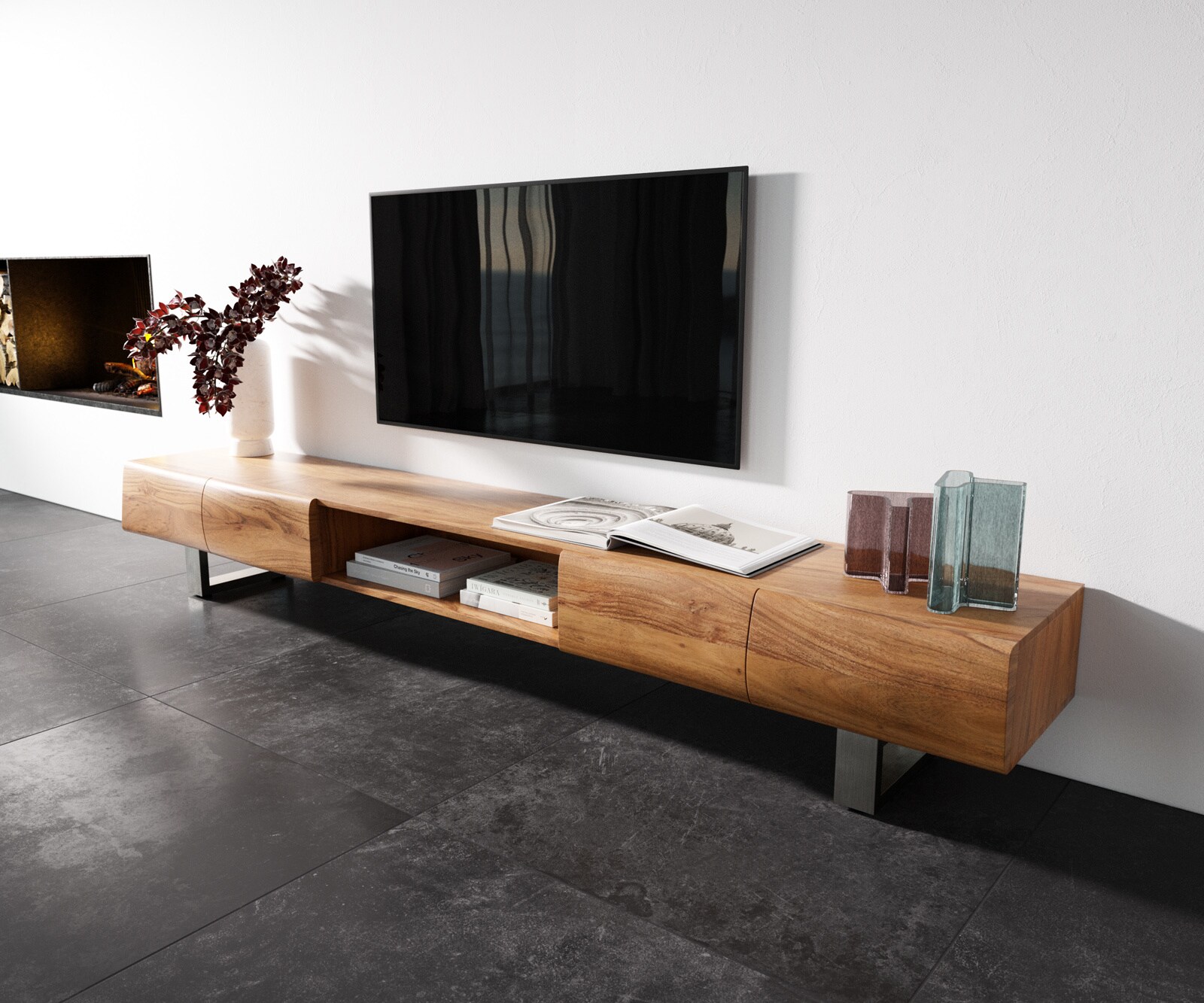 Meuble-TV New Live-Edge 240 cm acacia naturel 4 portes 1 compartiment patin inoxyda le brossé