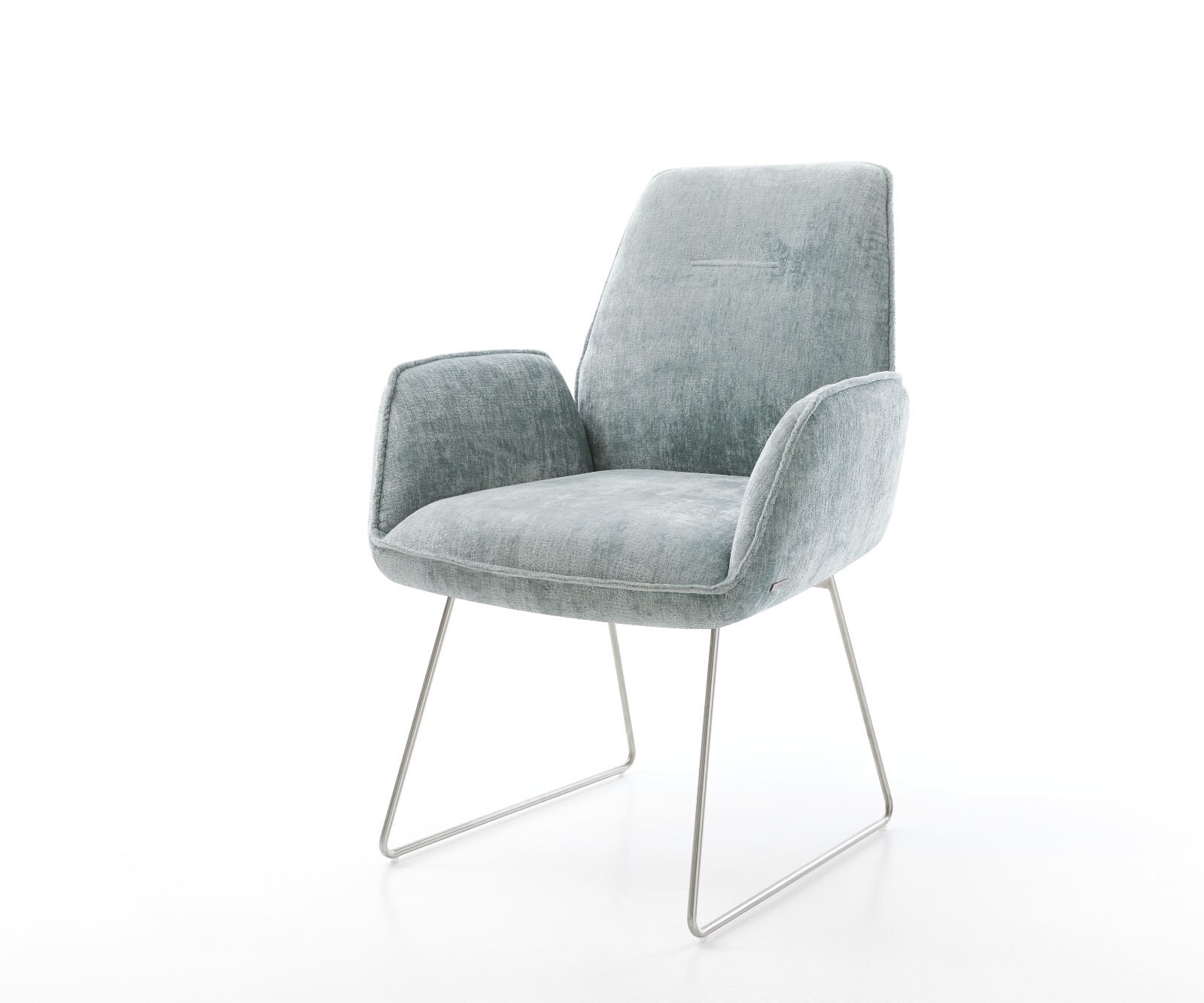 Chaise-de-salle-à-manger Zoa-Flex chenille bleu pastel pied trapèze acier inoxydable brossé ressorts ensachés