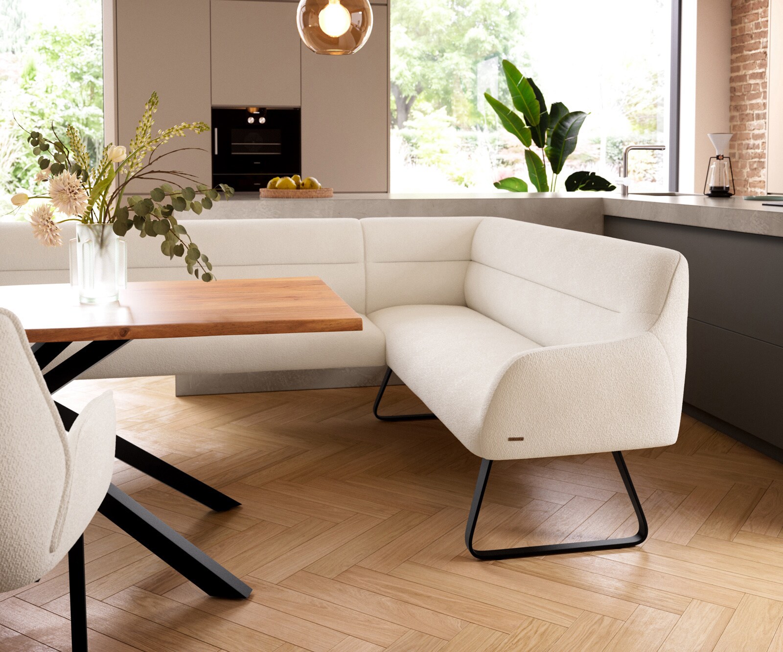 Banc-de-salle-à-manger Taya-Flex 285x190 cm bouclé crème-blanc châssis à patins plat noir ressort ensaché liens 5