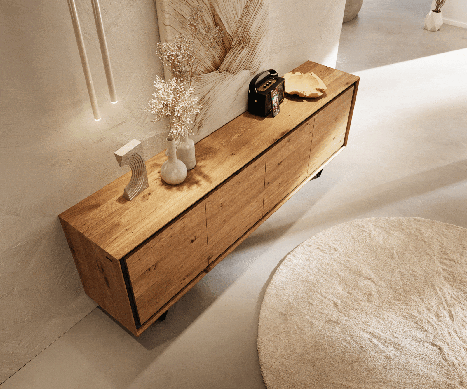 Buffet Stonegrace 200 cm chêne naturel 4 portes placage pierre pied en V métal noir 3