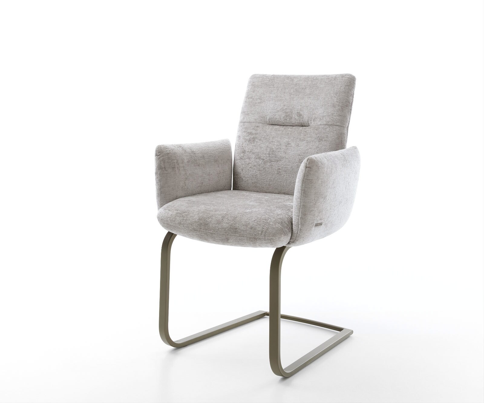 Cantilever Jova-Flex avec accoudoirs chenille gris argenté pied cantilever plat aspect titane ressorts ensachés