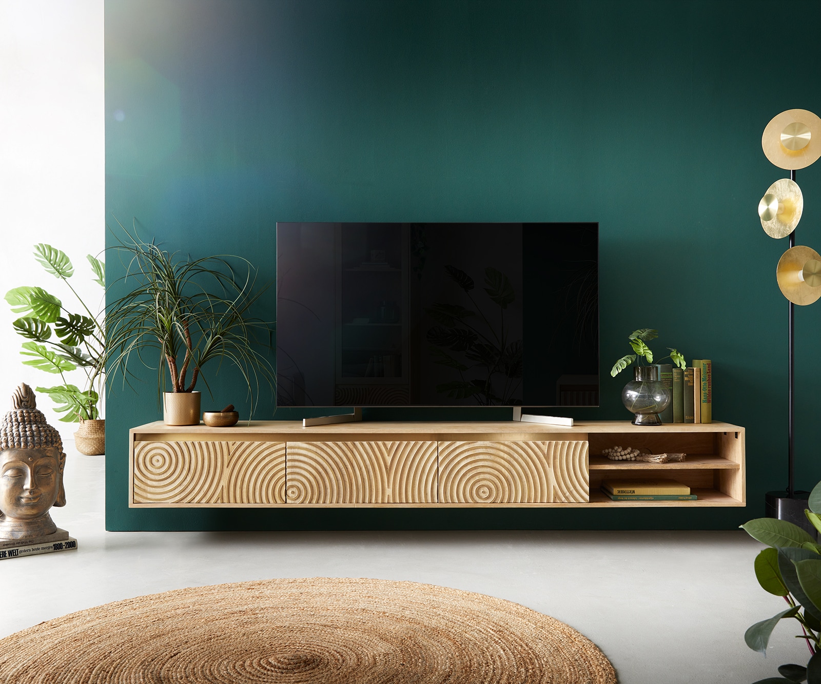 Meuble TV Budaya 220 cm en bois de manguier naturel 3 portes 2 compartiments. 1 Meuble TV Budaya 220 cm en bois de manguier naturel 3 portes 2 compartiments. 1