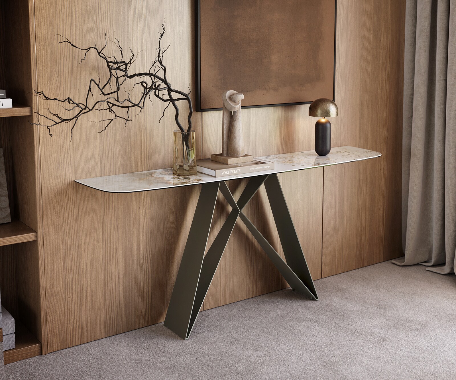 Console Edge forme bateau 180x40 cm Céramique Minas Melange Weiß-Beige Velio Métal Effektfinish Titan 4