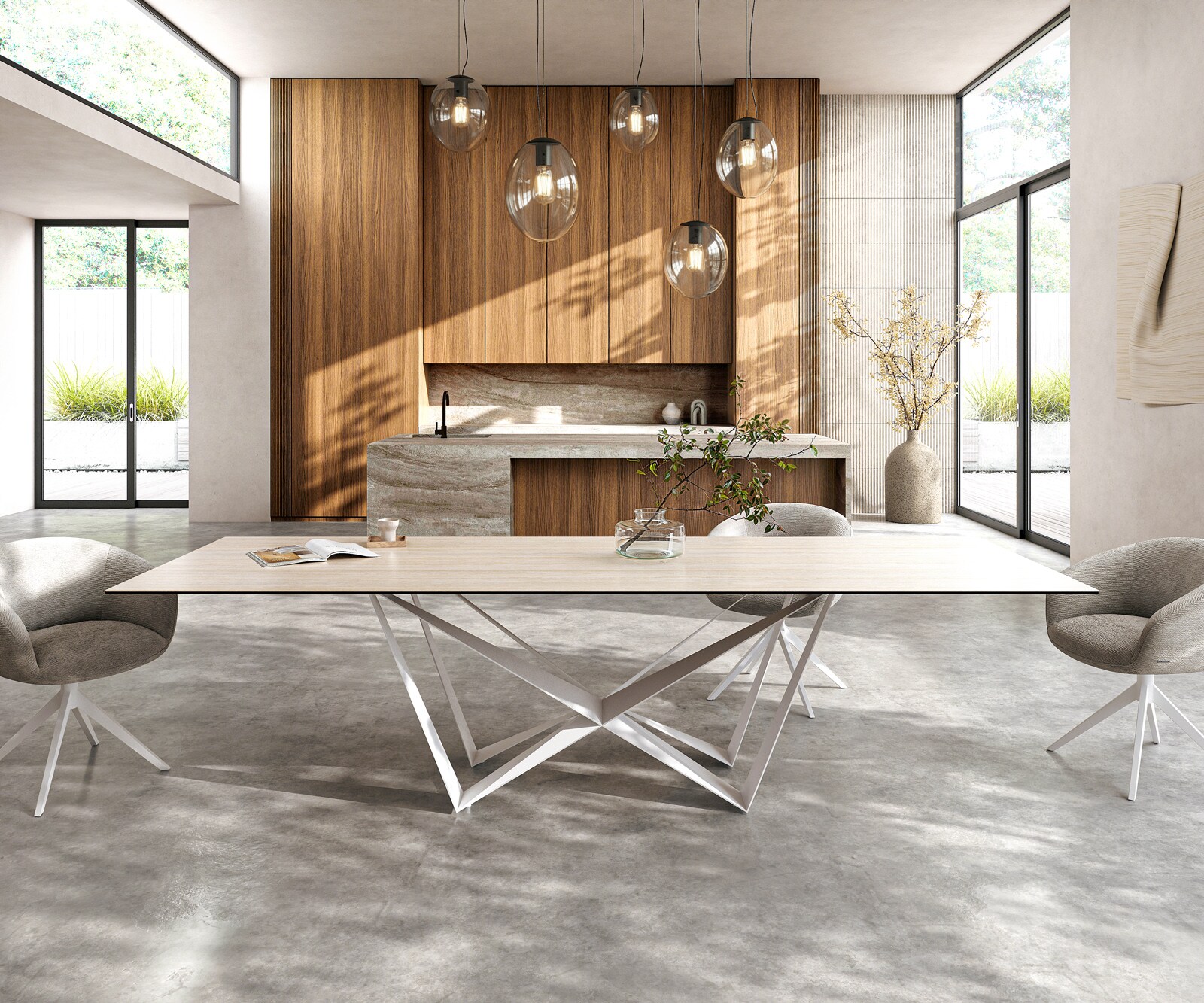 Table à manger Edge 300x100 céramique Laminam® Travertino Bianco crème-blanc Spider métal blanc 2