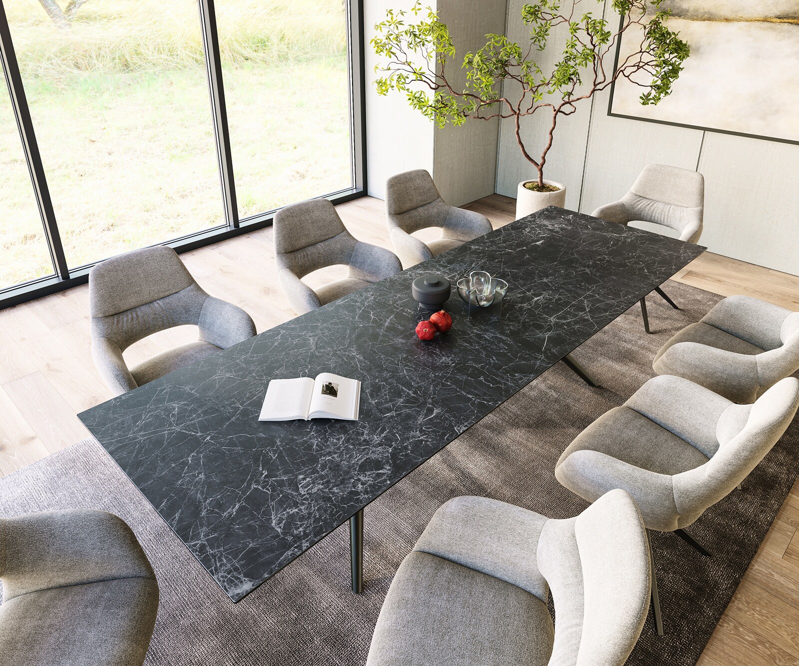 Table à manger Edge 300x100 Céramique Laminam®Nero Greco Anthracite Estelar rond Métal Noir 3